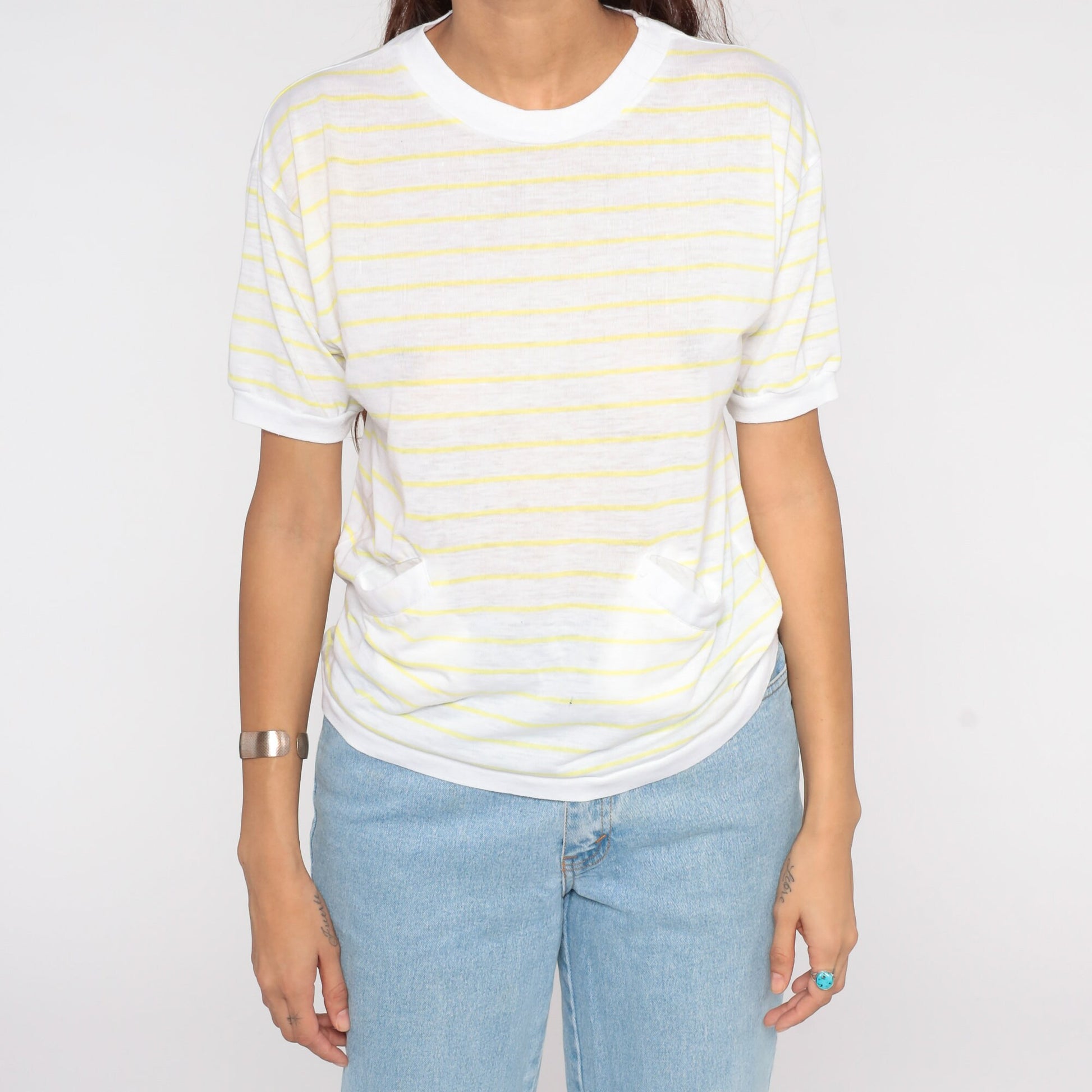 80s Yellow White Striped Pocket Shirt Short Sleeve Cotton Blend Medium
