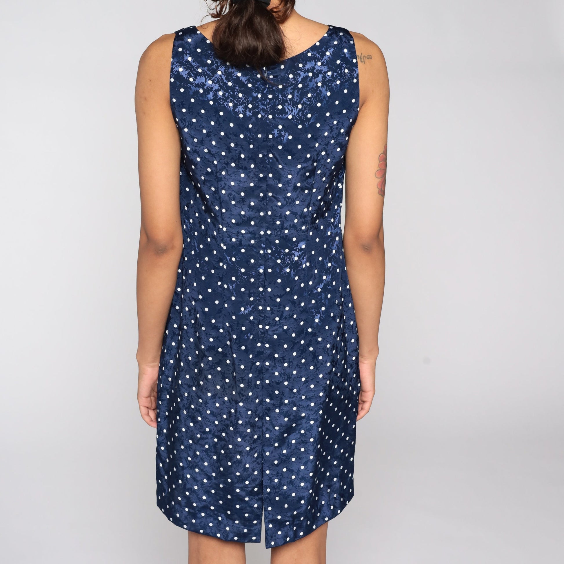 90s Polka Dot Mini Dress Sleeveless Sheath Navy White Embossed Small S