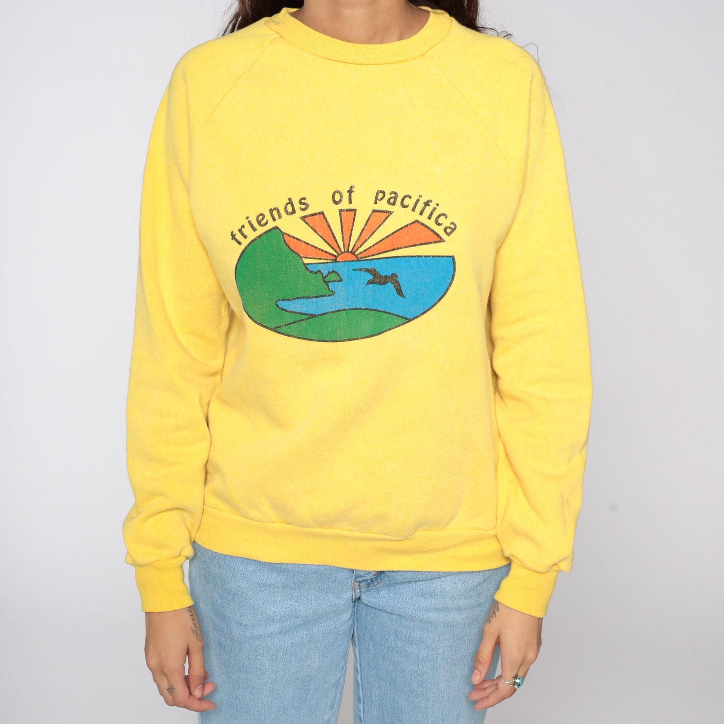 80s Friends of Pacifica Bird Sweatshirt Yellow Raglan Crewneck Medium