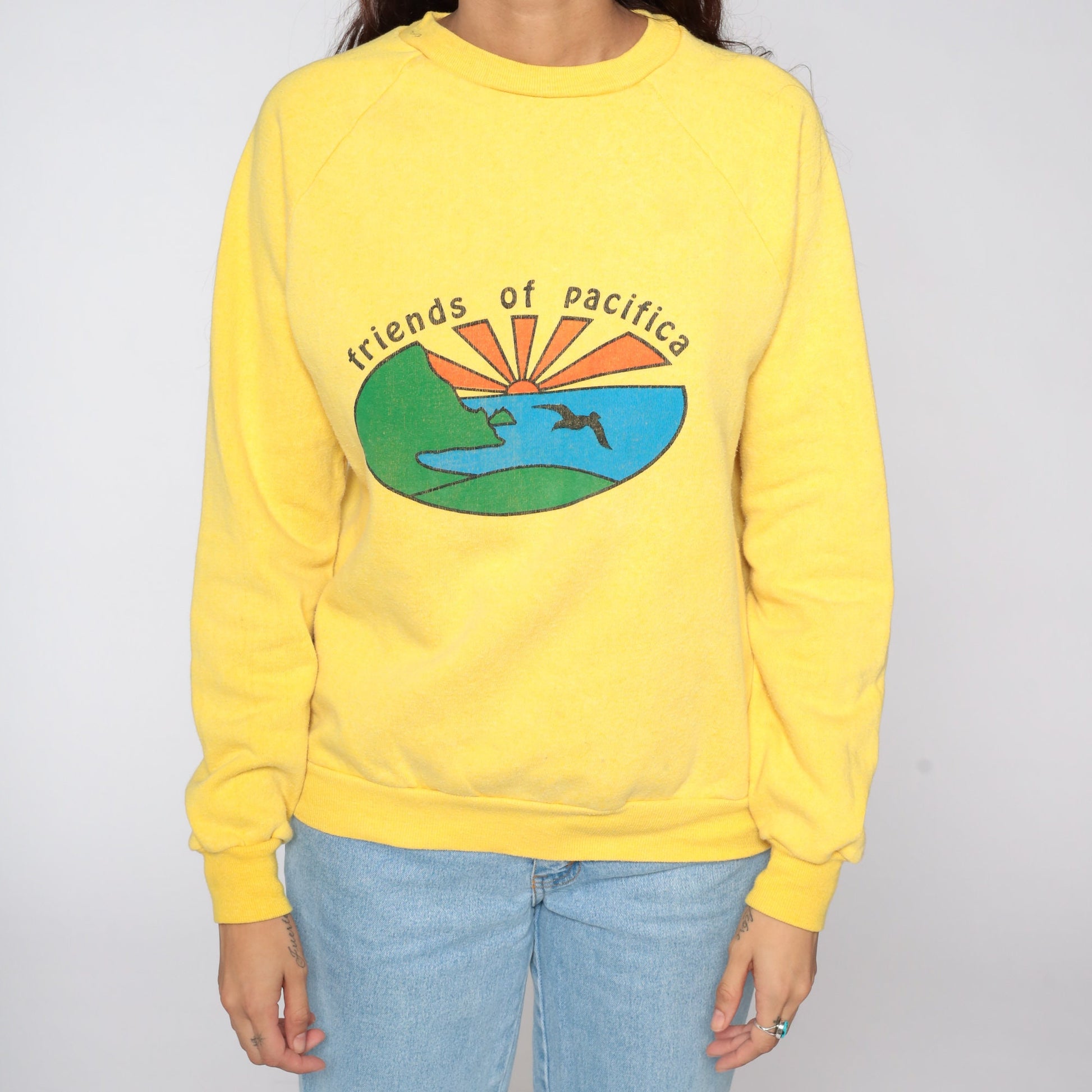 80s Friends of Pacifica Bird Sweatshirt Yellow Raglan Crewneck Medium
