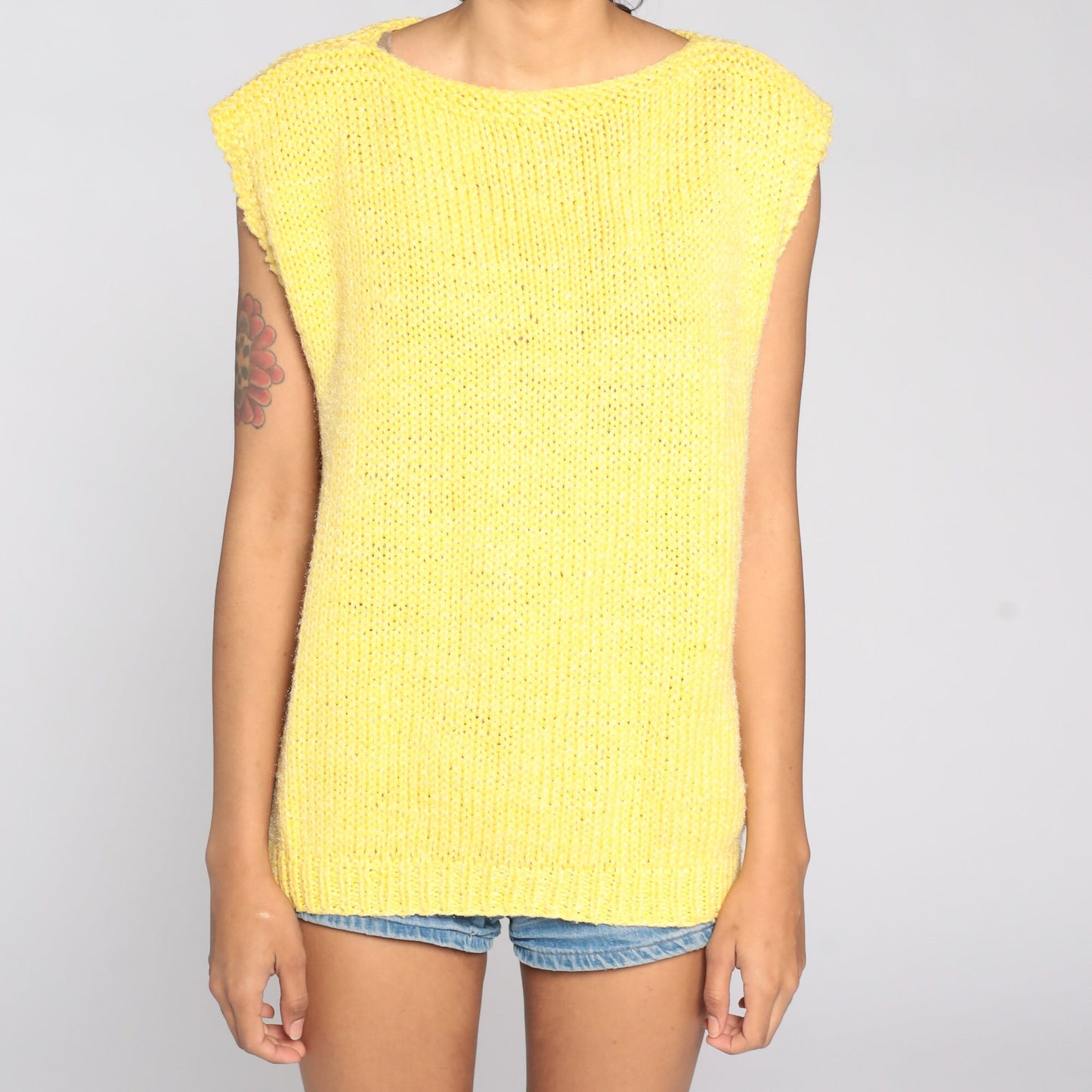 80s Yellow Knit Sweater Cap Sleeve Boat Neck Top Medium