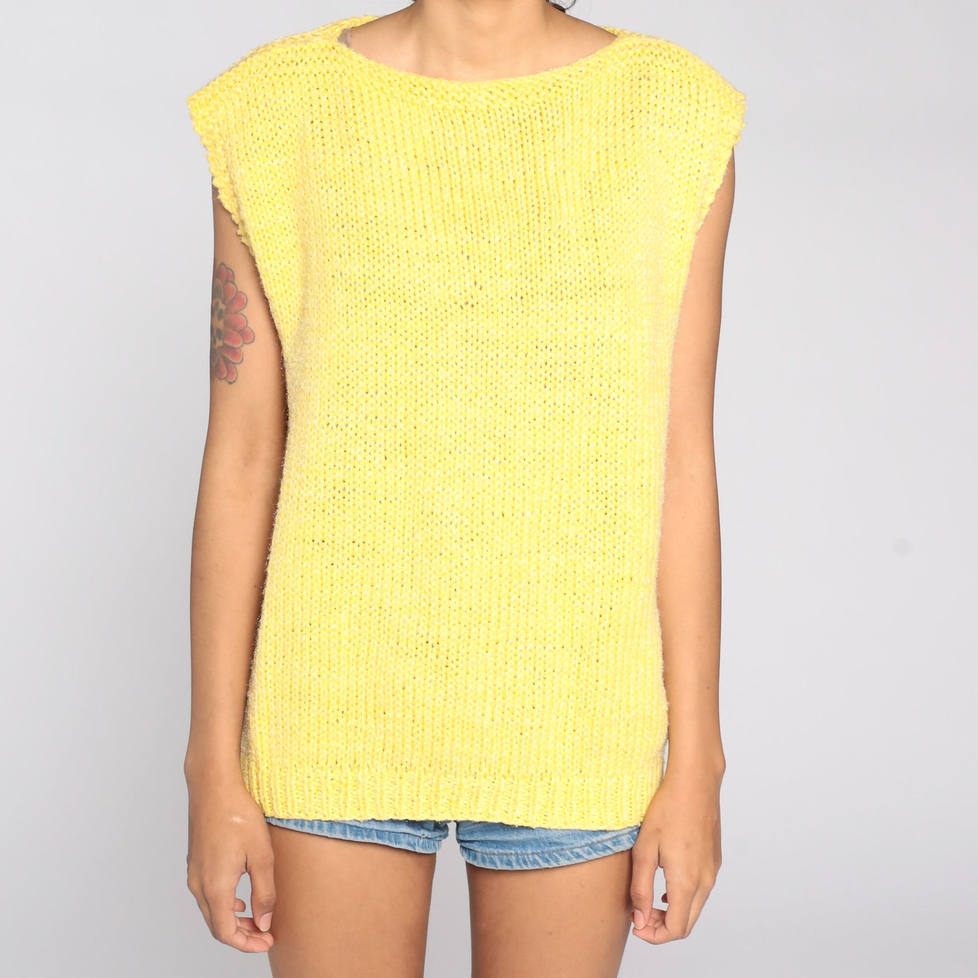 80s Yellow Knit Sweater Cap Sleeve Boat Neck Top Medium