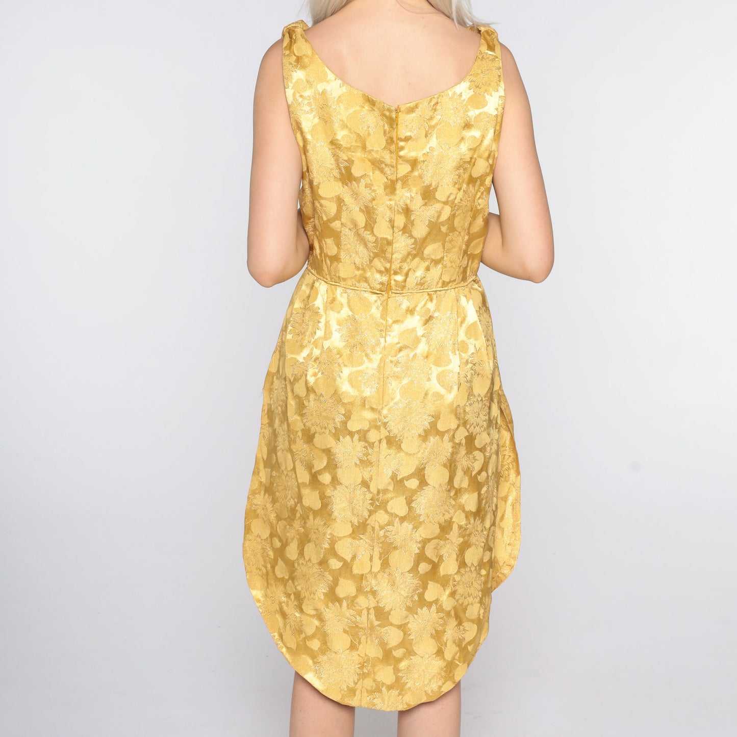 1960s Gold Floral Brocade Sleeveless Cocktail Dress High Slit Small