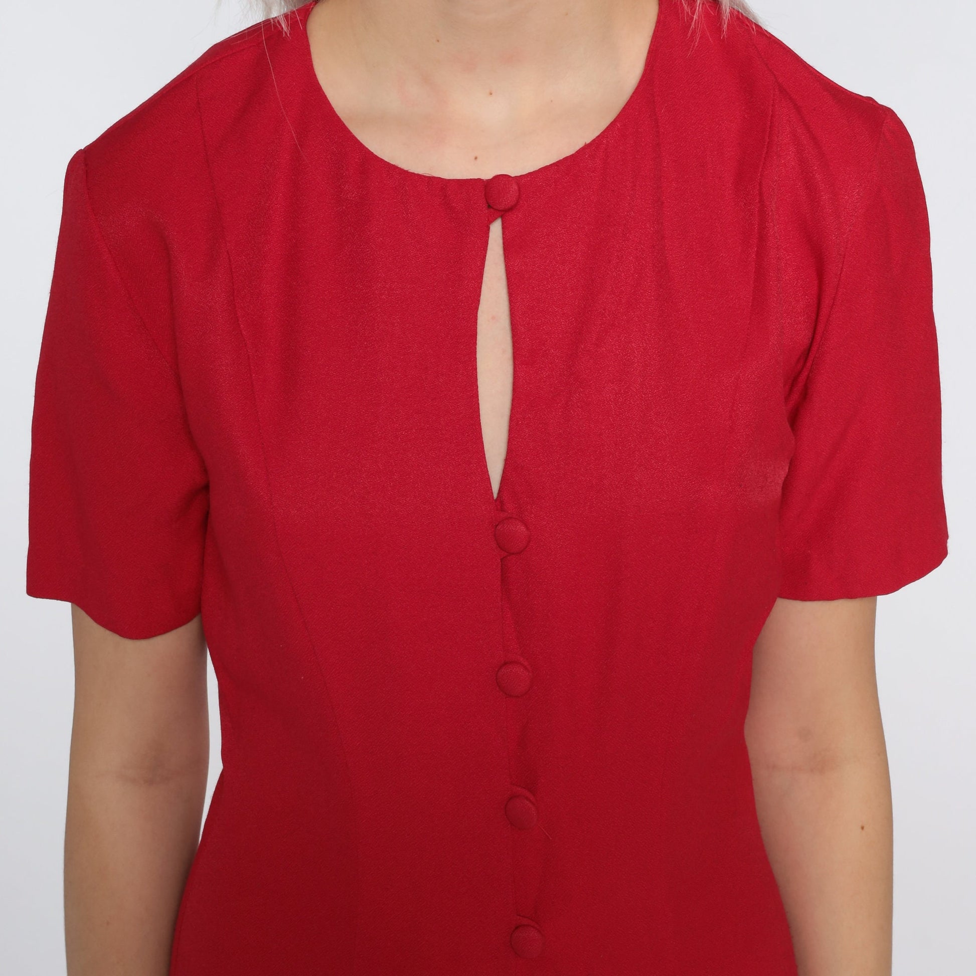 90s Red Mini Shift Dress Button Front Keyhole Short Sleeve Small