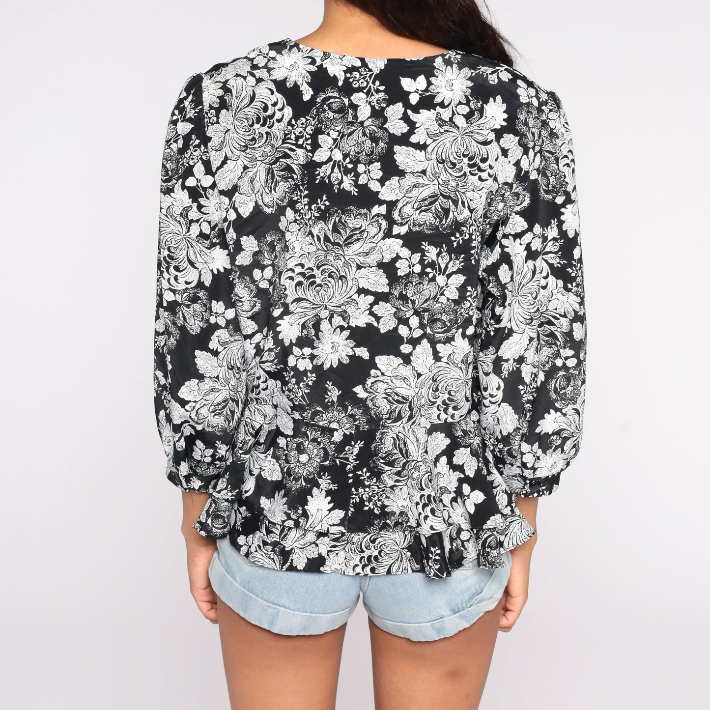 80s Floral Button Up Blouse Black White Peplum Puff Sleeve Medium Large