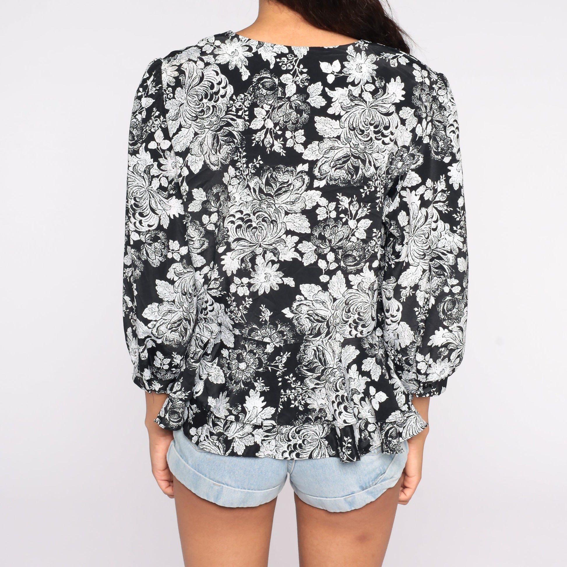 80s Floral Button Up Blouse Black White Peplum Puff Sleeve Medium Large