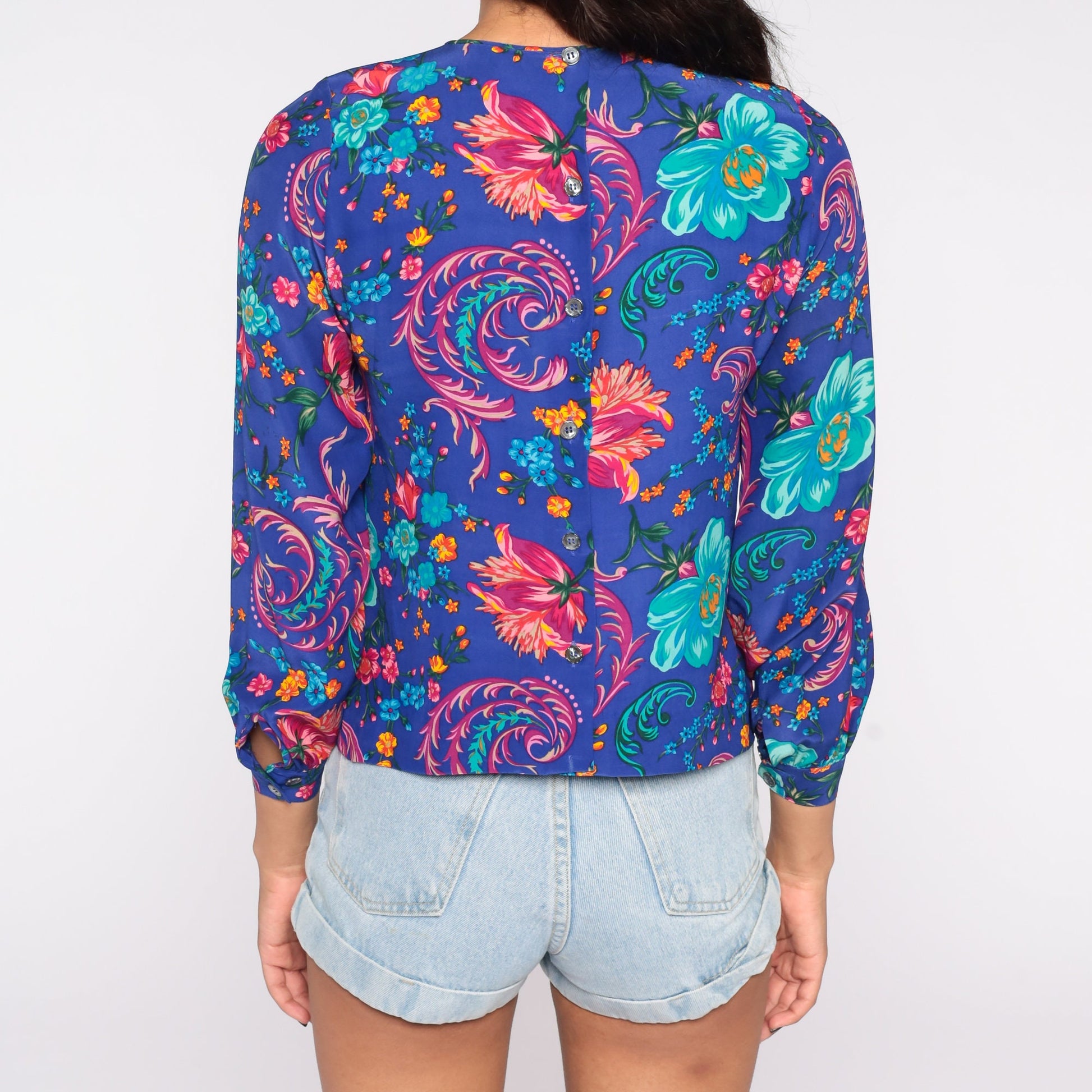 80s Silk Floral Blouse Puff Sleeve Button Back Blue Small
