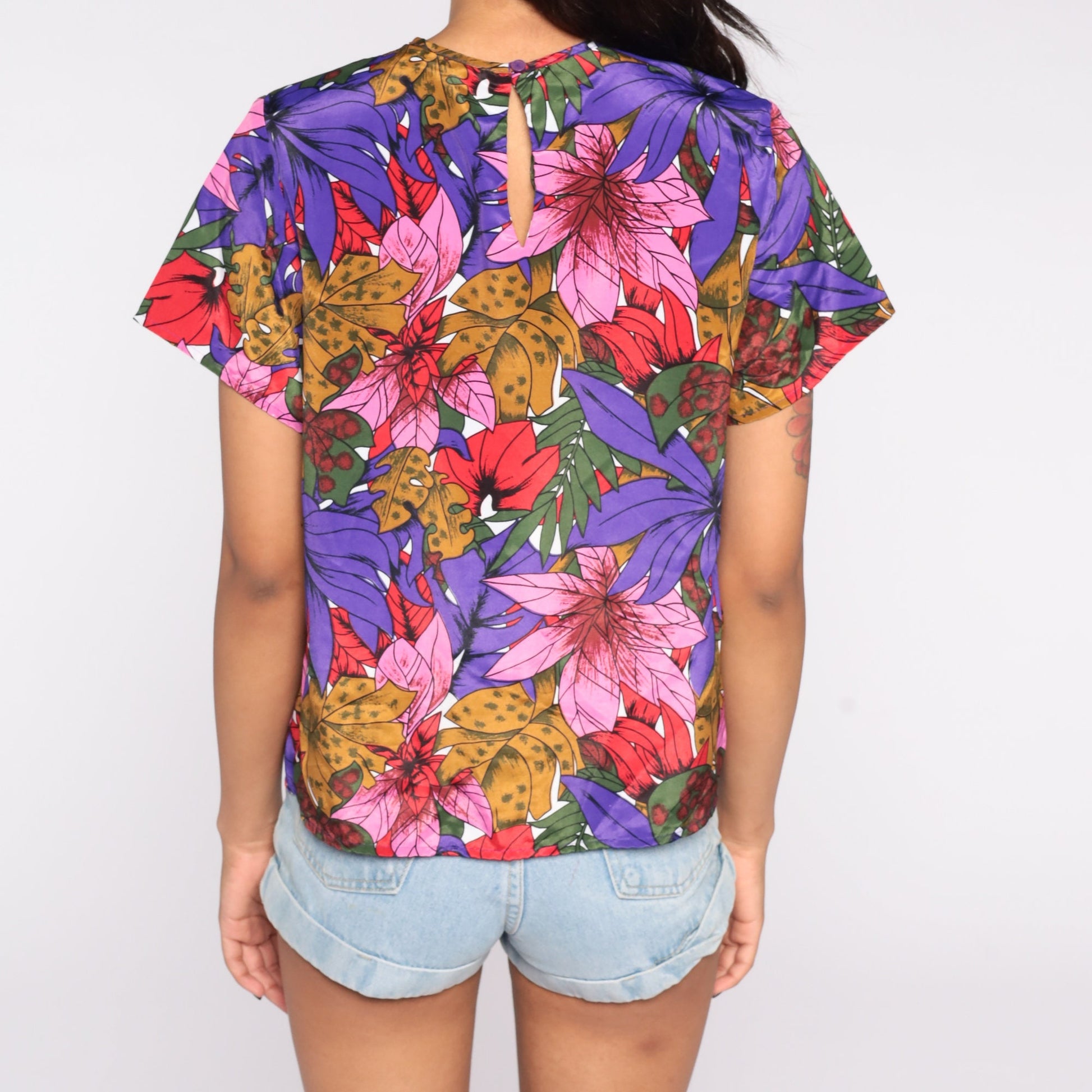 80s Purple Floral Shirt Keyhole Back Short Sleeve Blouse Small S