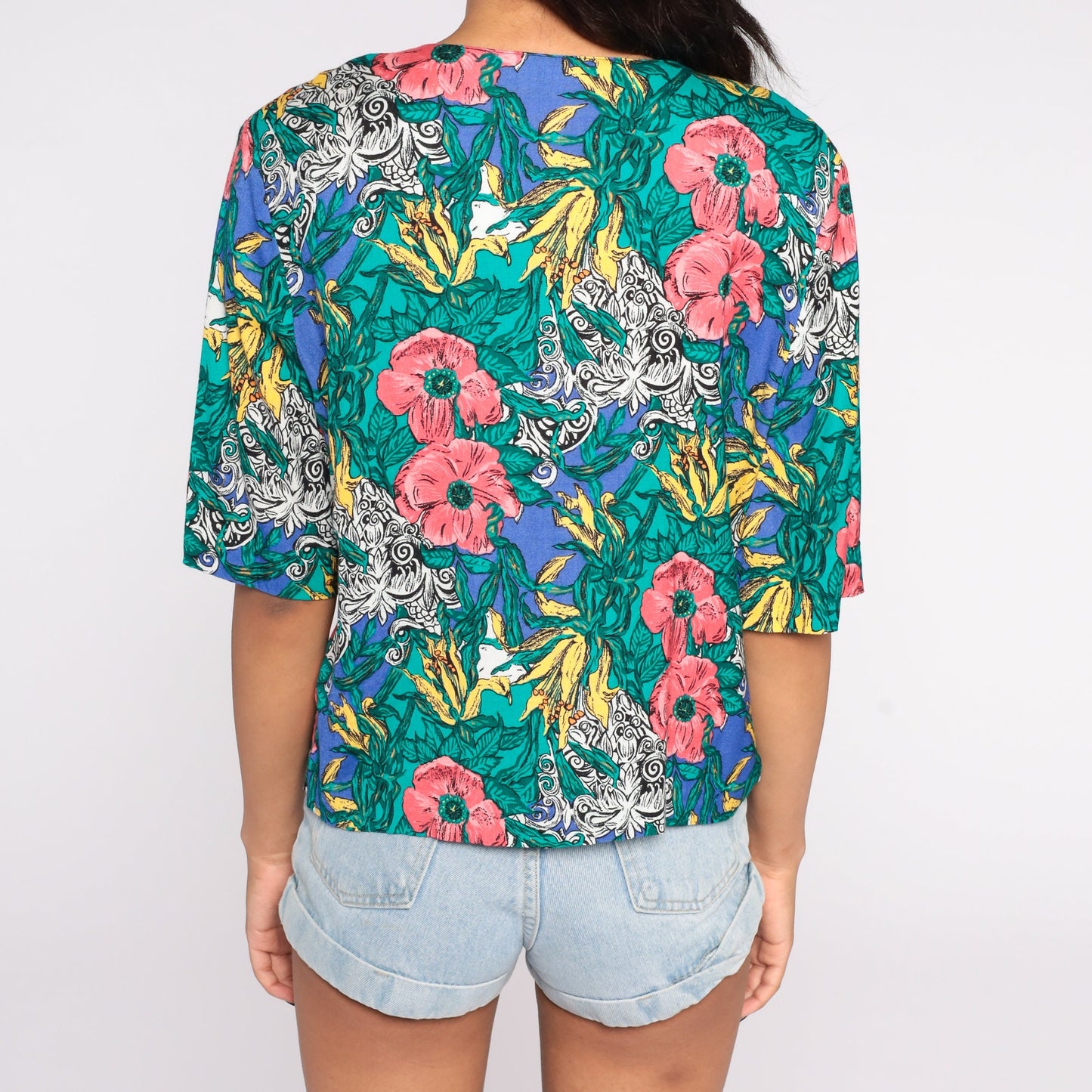 80s Tropical Floral Button Up Blouse Short Sleeve Blue Green Medium Large