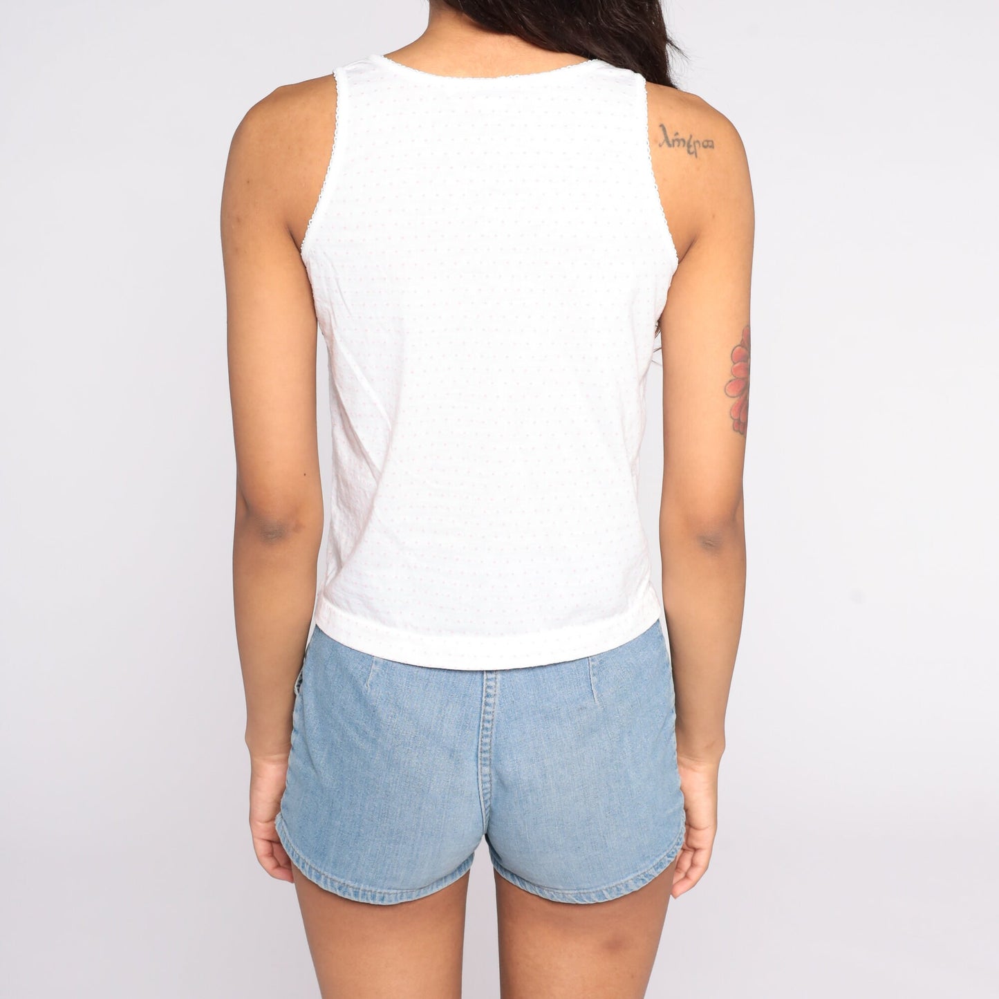80s White Polka Dot Tank Top Button Front Cotton Sleeveless Small