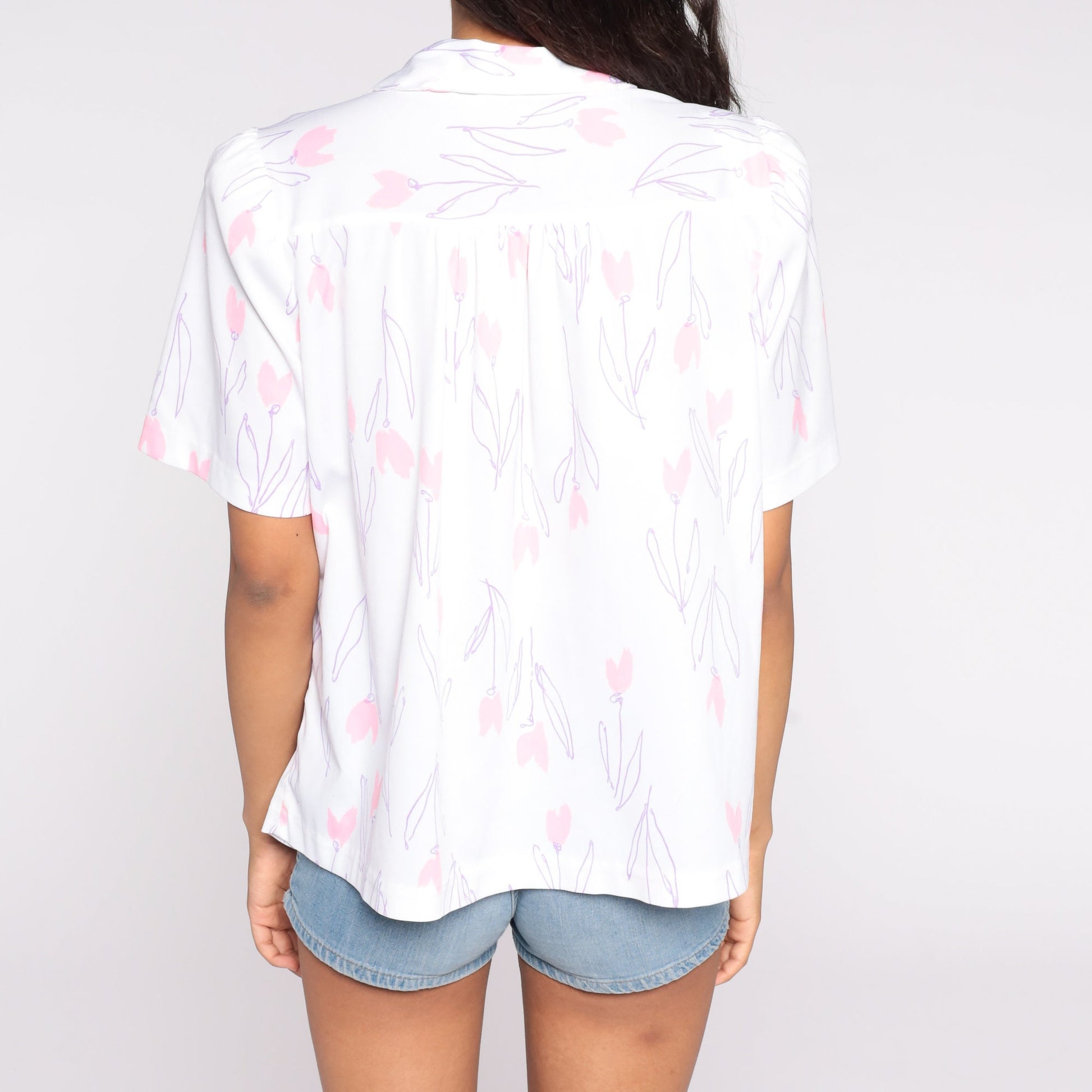 80s Floral Puff Sleeve Button-Up Blouse White Pink Extra Large