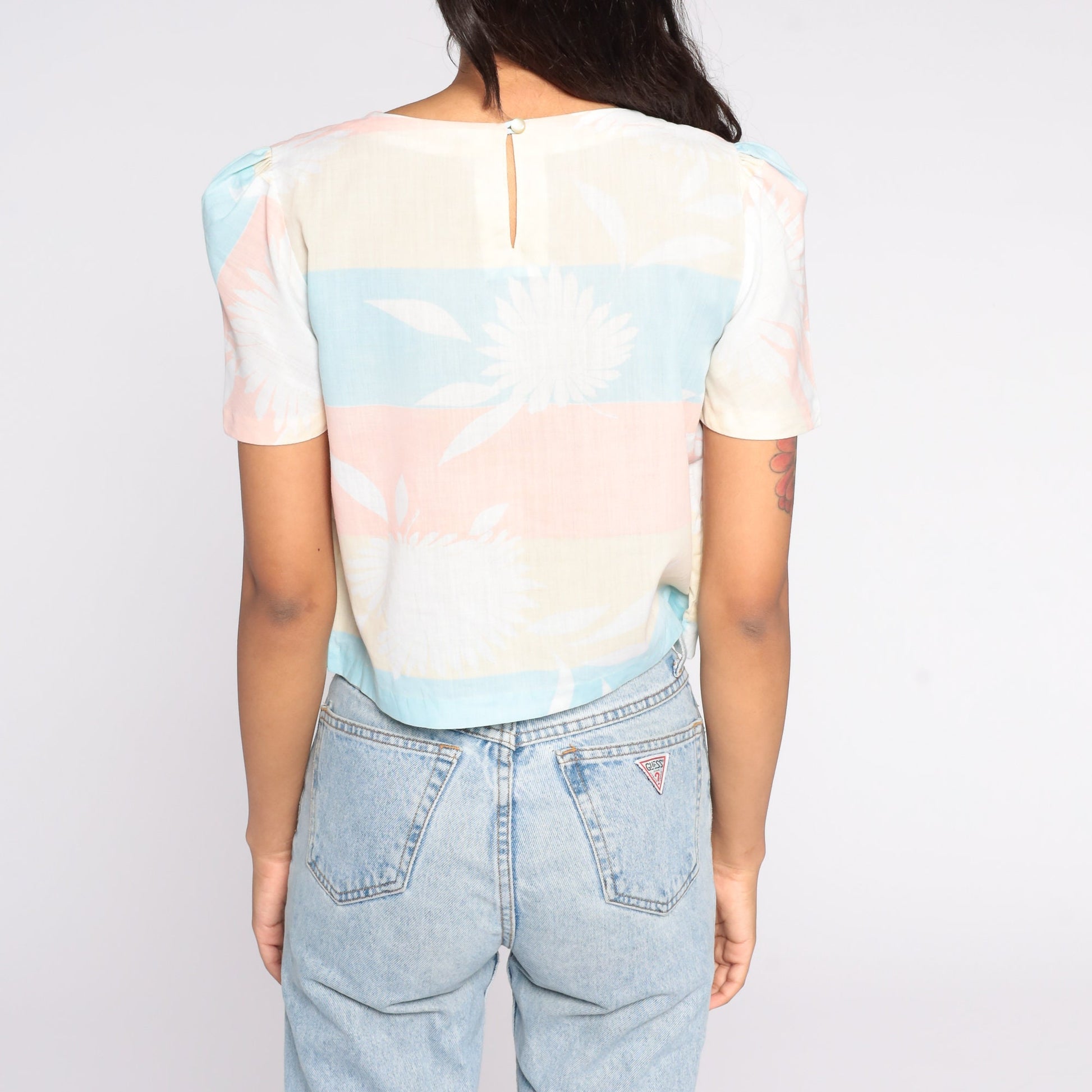 80s Pastel Floral Crop Top Puff Sleeve Blouse Yellow Peach Small