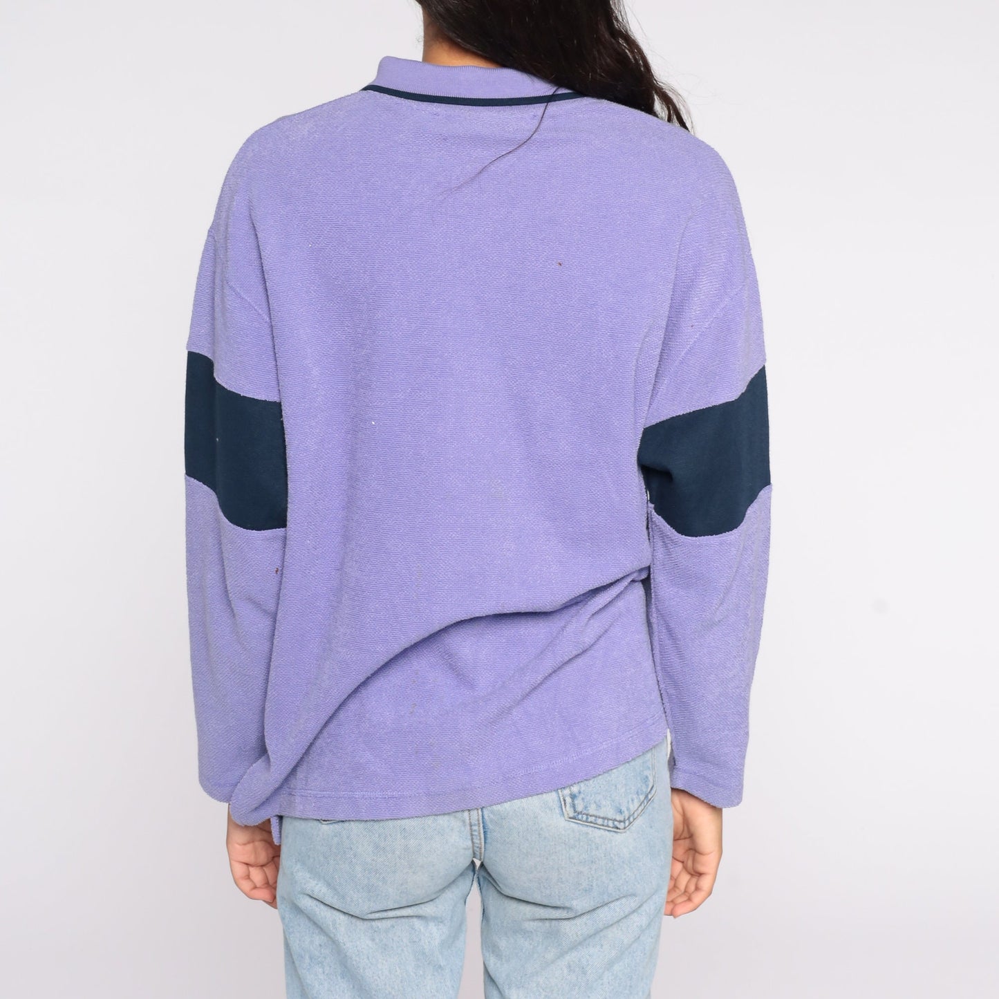 80s Purple Navy Striped Sweatshirt Collared Pullover Petite Medium