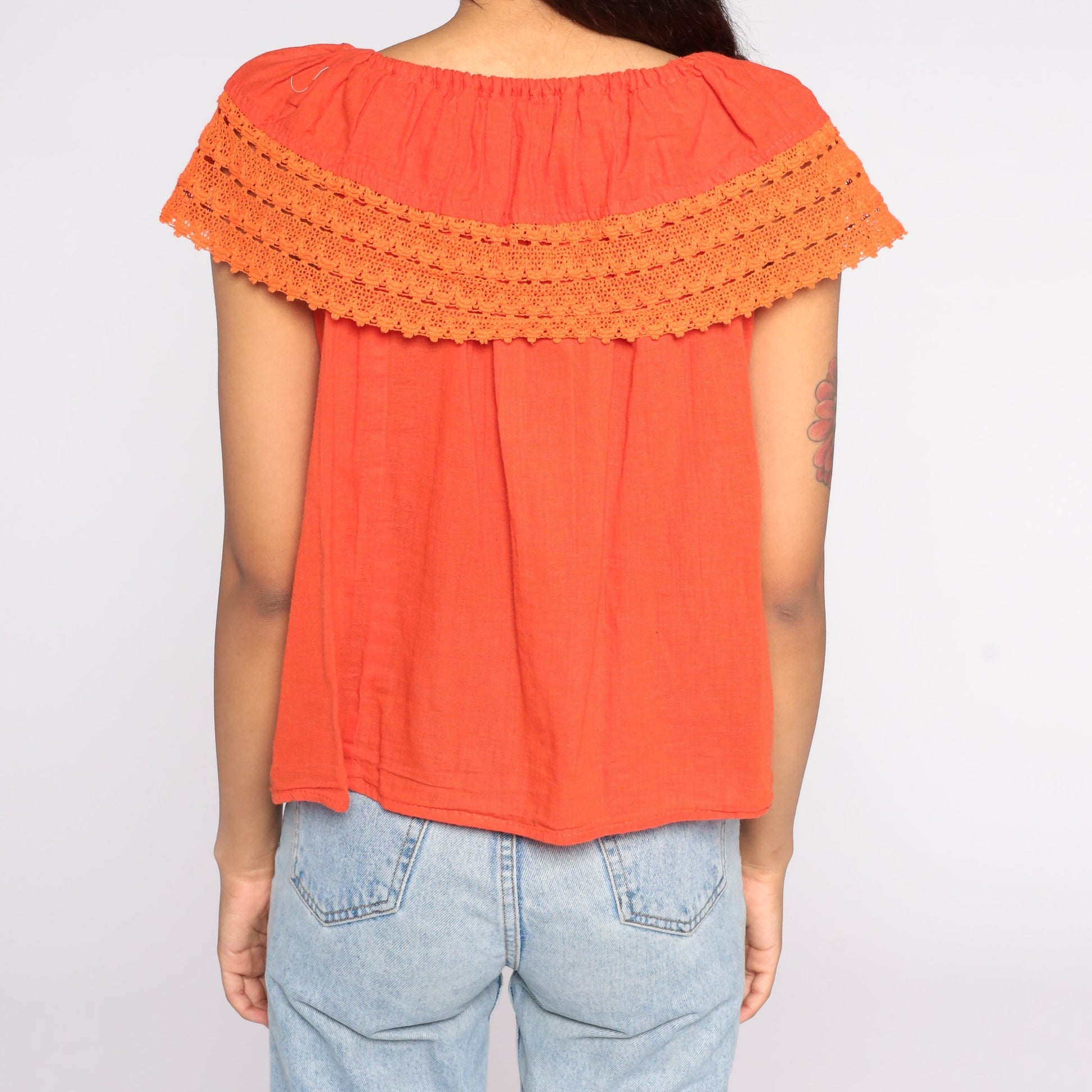 90s Mexican Embroidered Cotton Tunic Blouse Orange Floral Off-Shoulder Small
