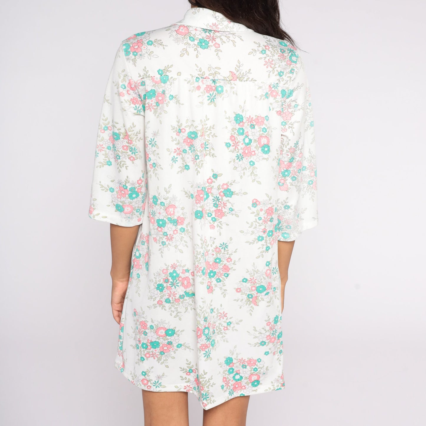 60s Floral Print Shift Dress White Button-Up Lounge Tunic Medium Large
