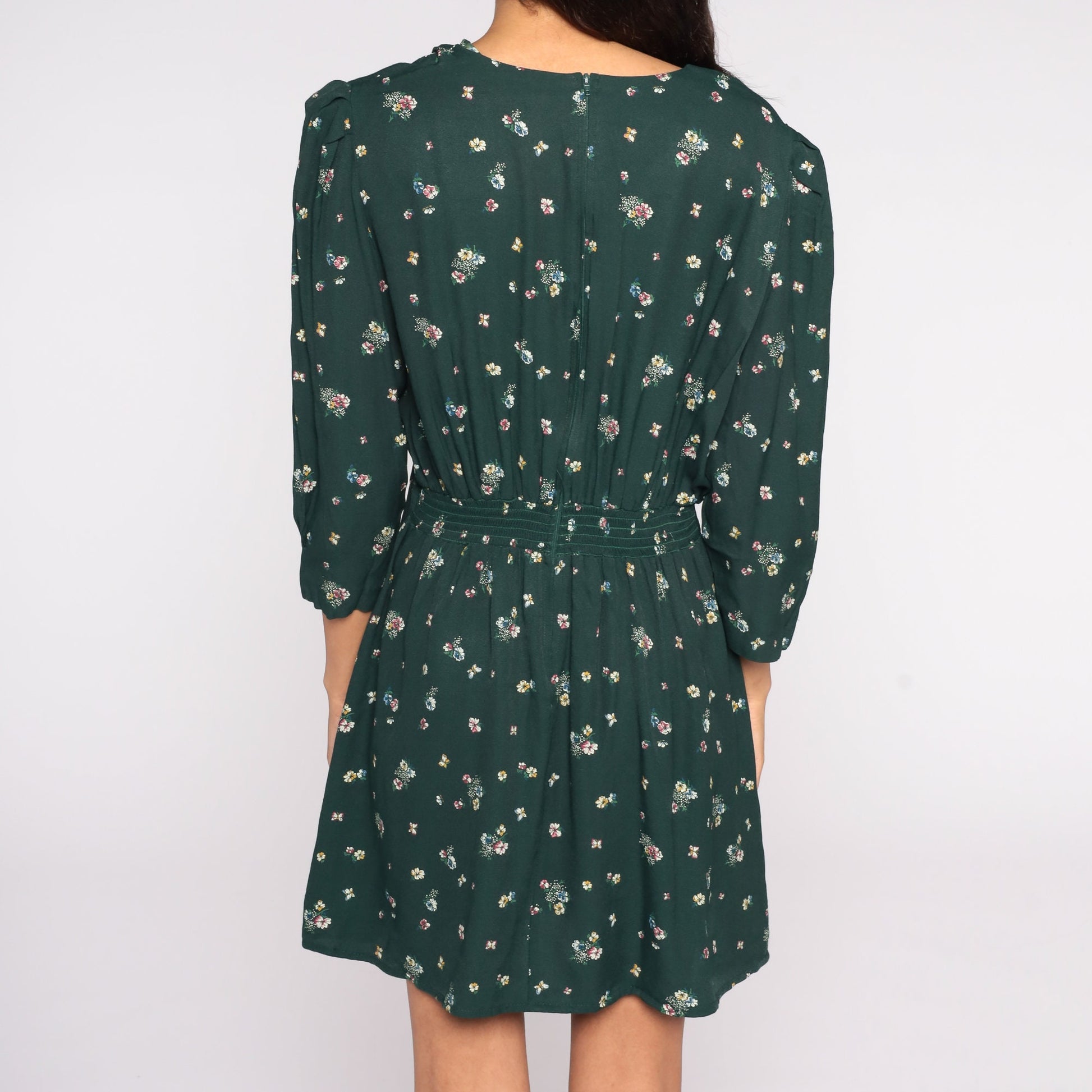 80s Green Floral Mini Dress Puff Sleeve High Waisted Medium
