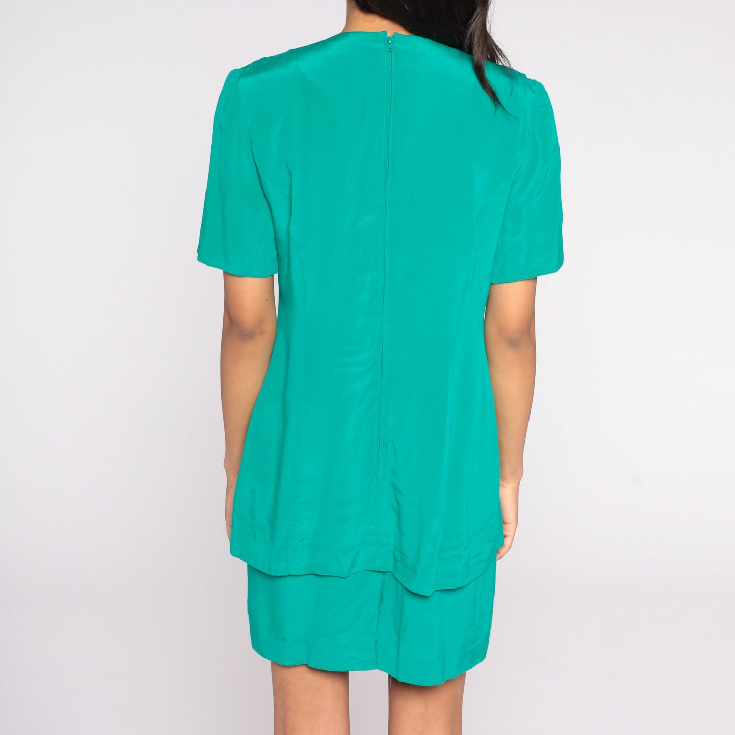 90s Green Beaded Soutache Mini Dress Button-Up Sheath Short Sleeve Medium