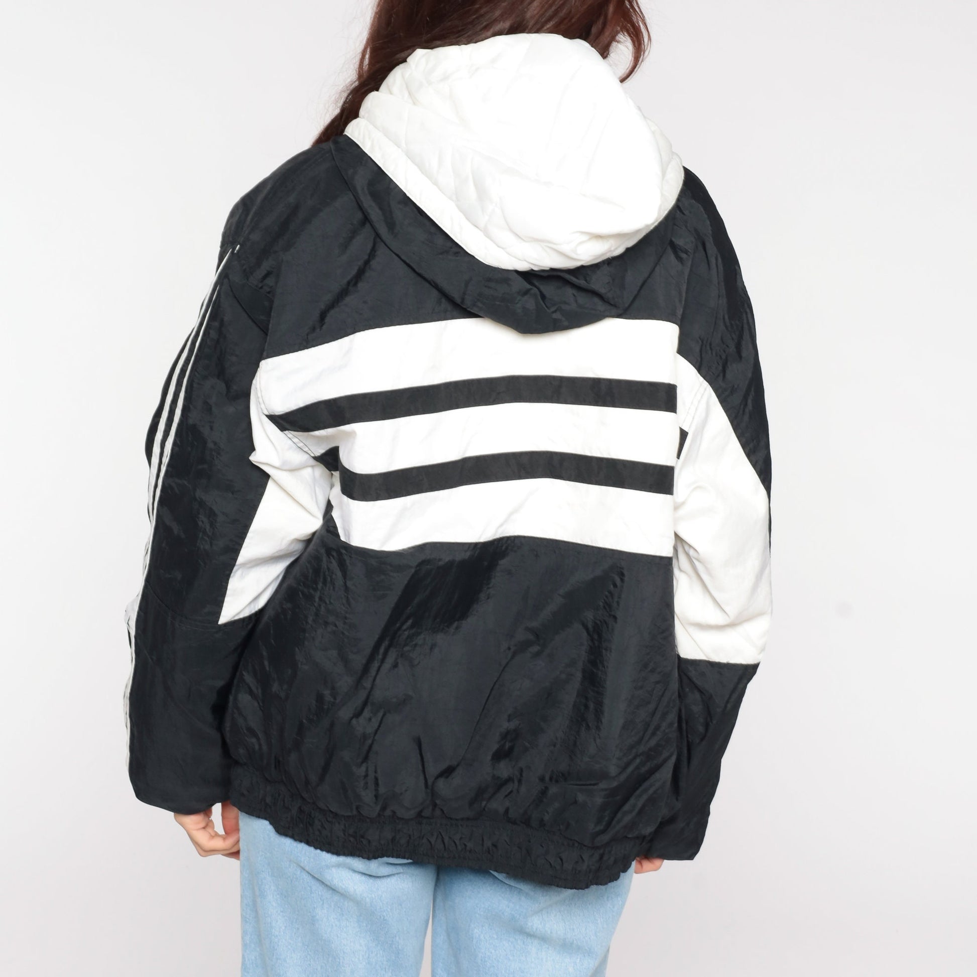 90s Adidas Black Nylon Hooded Jacket Striped Medium