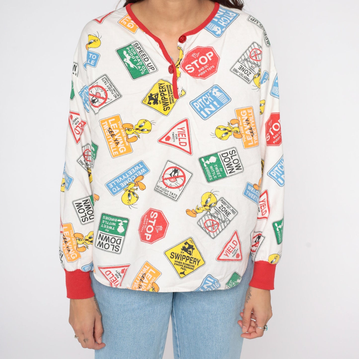 90s Looney Tunes Tweety Bird Pajama Shirt Cotton Long Sleeve Medium
