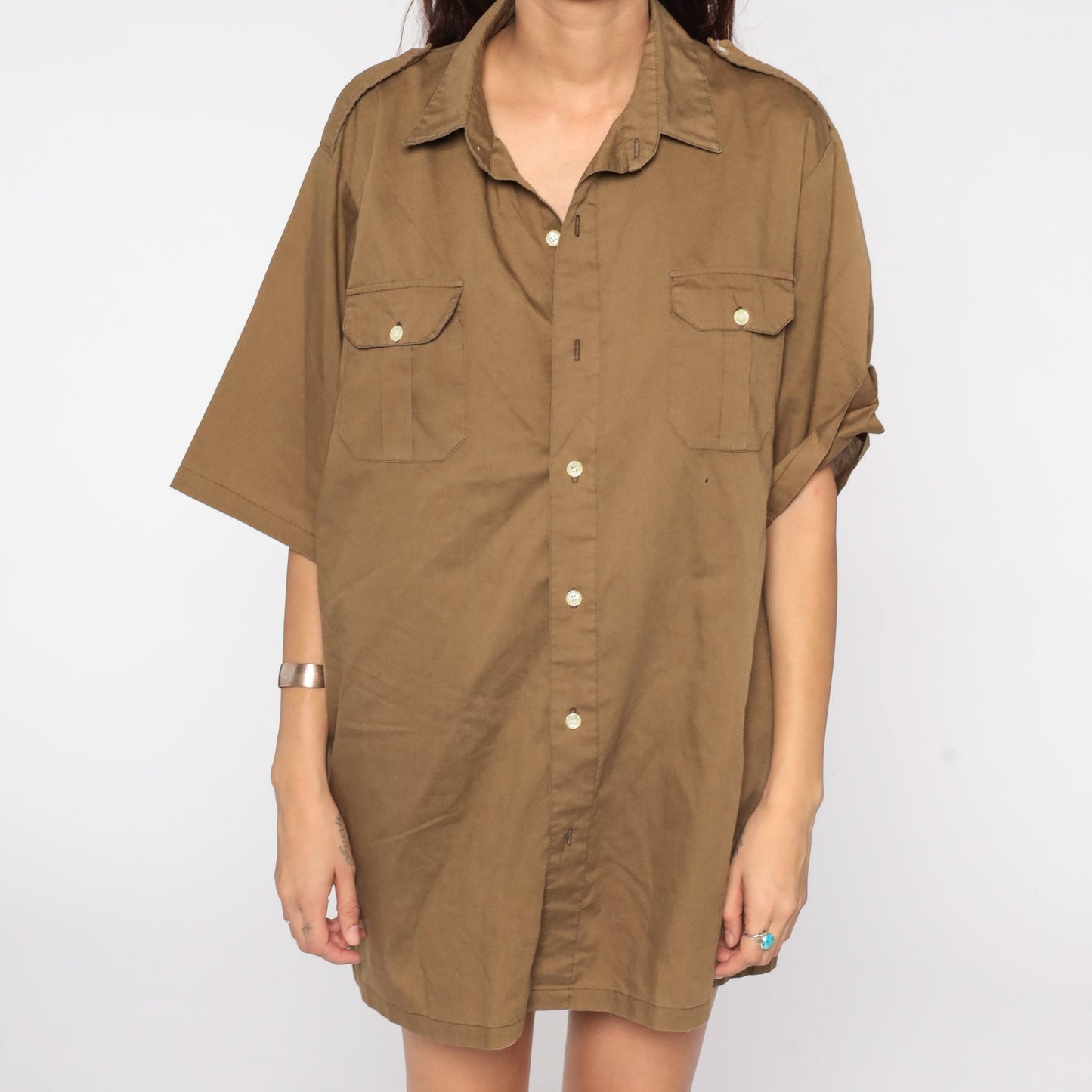 70s Brown Button Up Shirt Epaulette Collar Short Sleeve Men's Extra Large