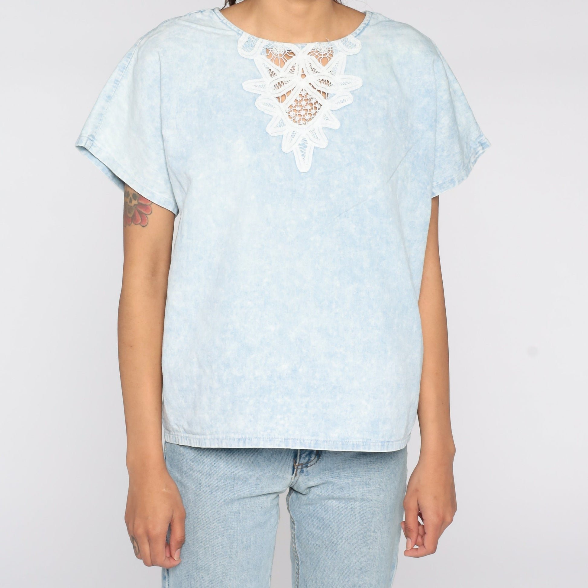80s Blue Acid Wash Lace Cutout Blouse Cotton Top Medium