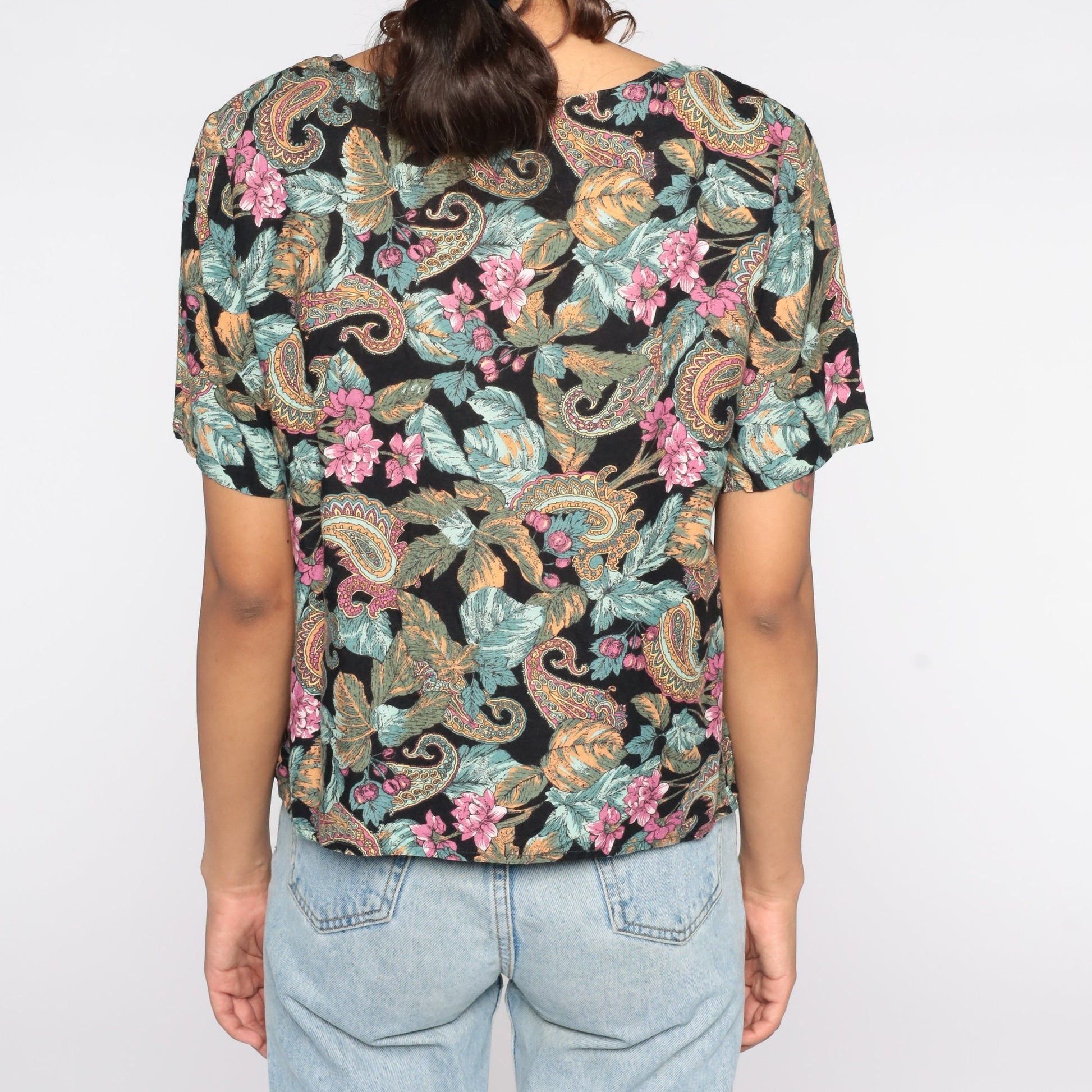 90s Paisley Floral Blouse Black Polyester Short Sleeve Medium