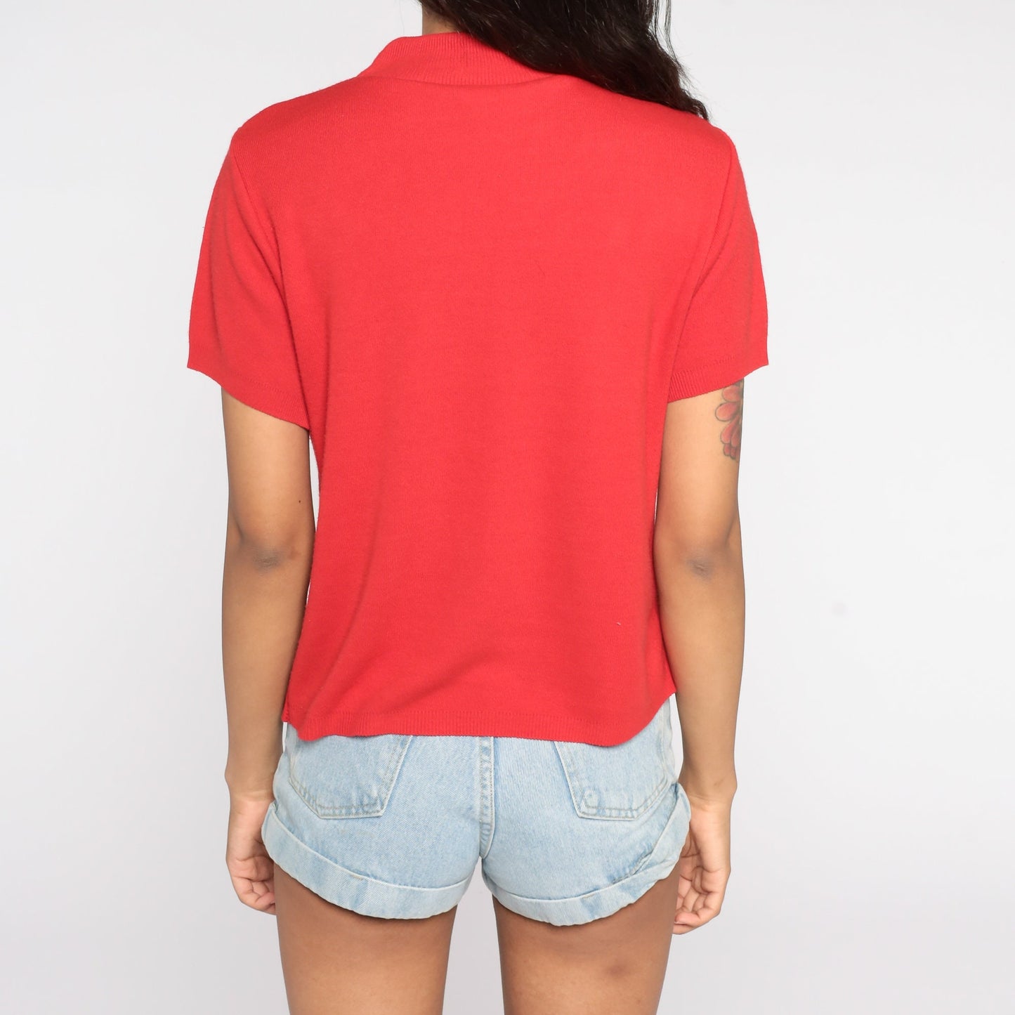80s Red Mock Neck Knit Top Short Sleeve Vintage Sweater Medium
