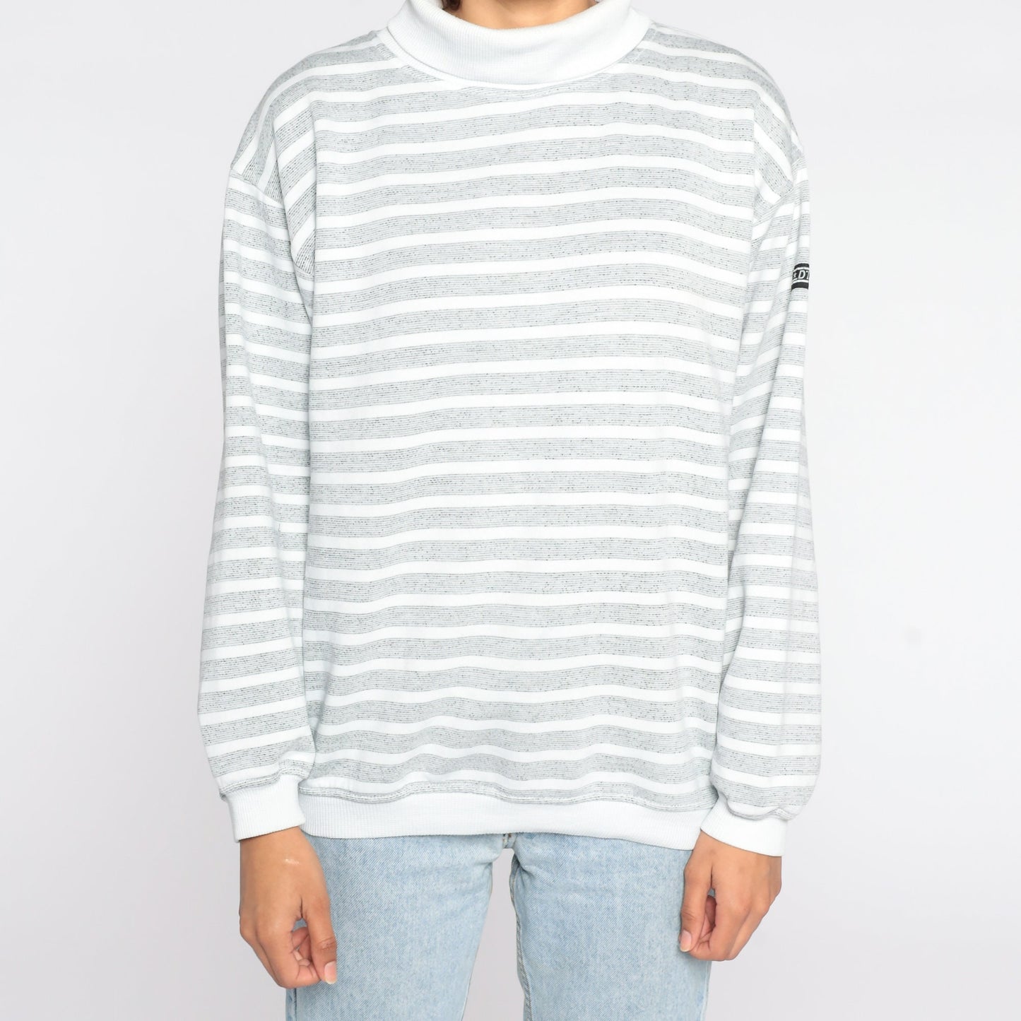 80s Striped Mock Neck Sweatshirt White Grey Pullover Medium
