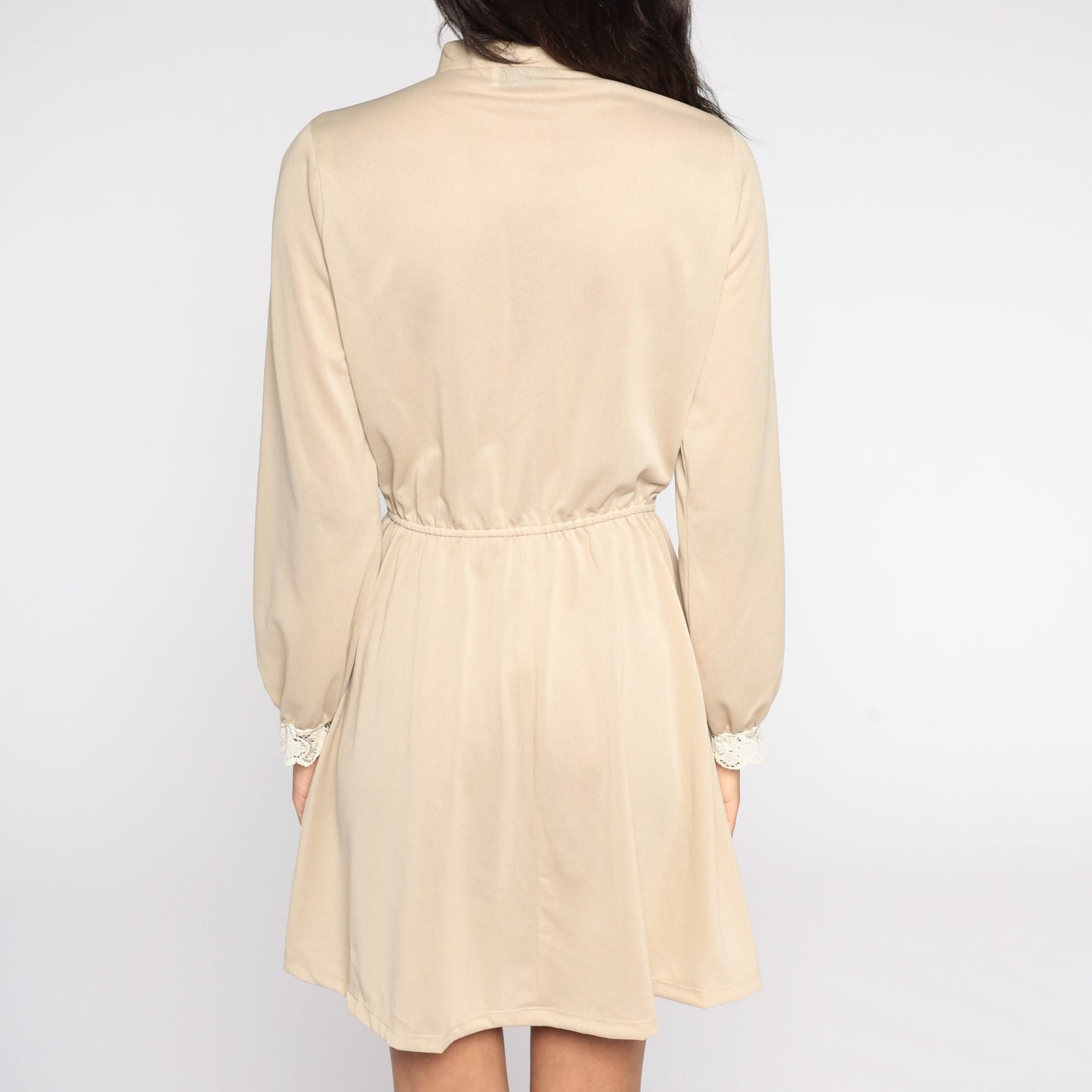 70s Toni Todd Secretary Dress Beige Lace Bow Button-Up Mini Medium
