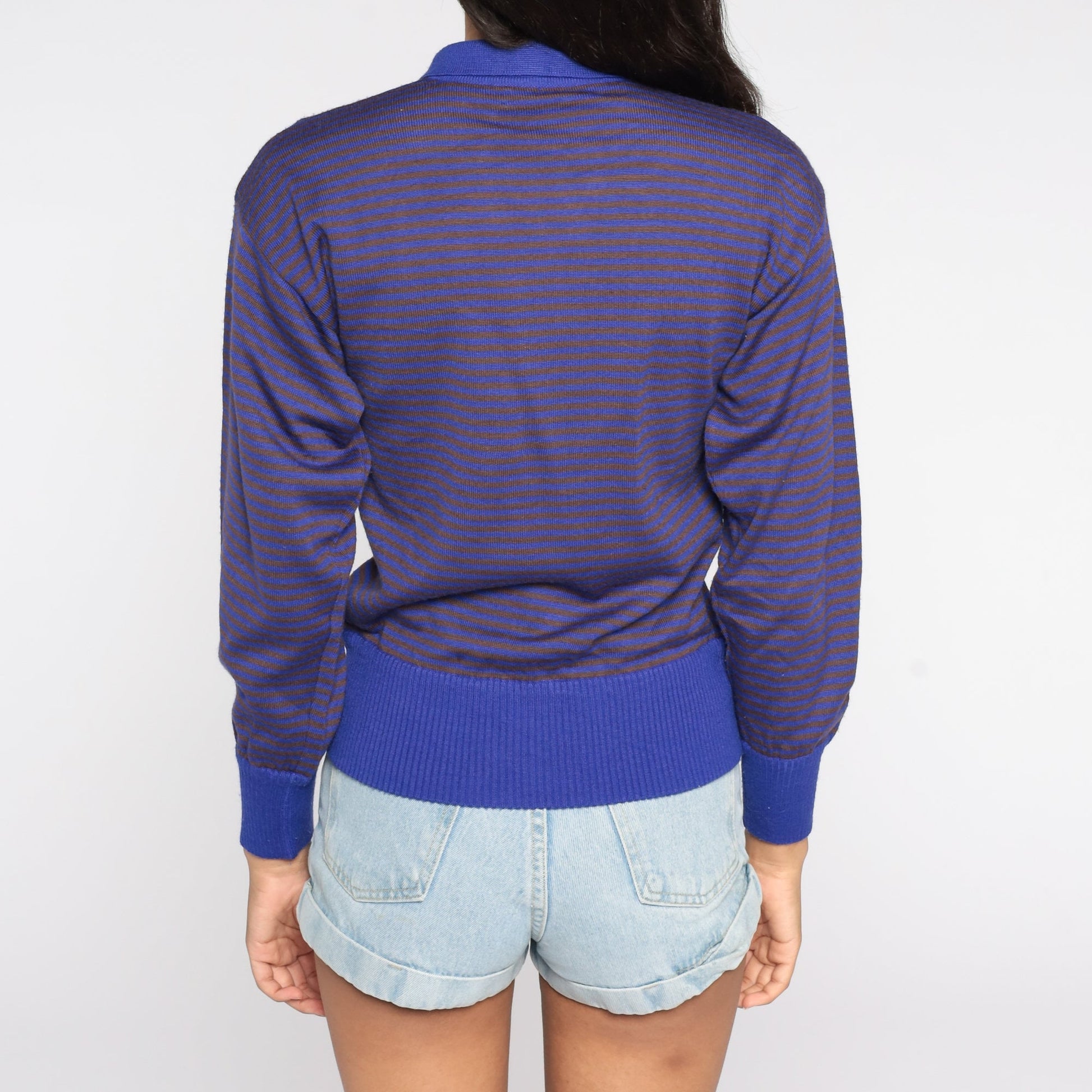 80s Purple Striped Knit Pullover Sweater Collar Buttons Small