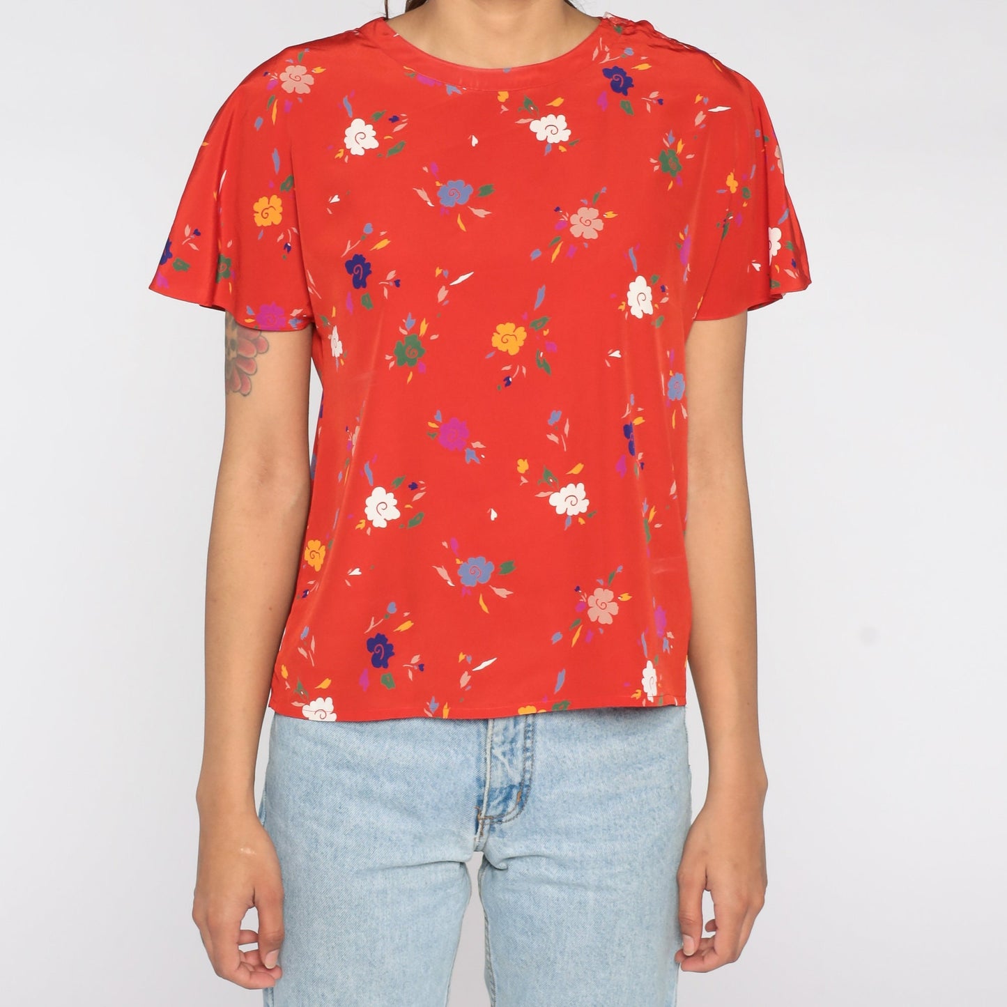 80s Red Floral Flutter Sleeve Blouse Short Sleeve Shirt Small