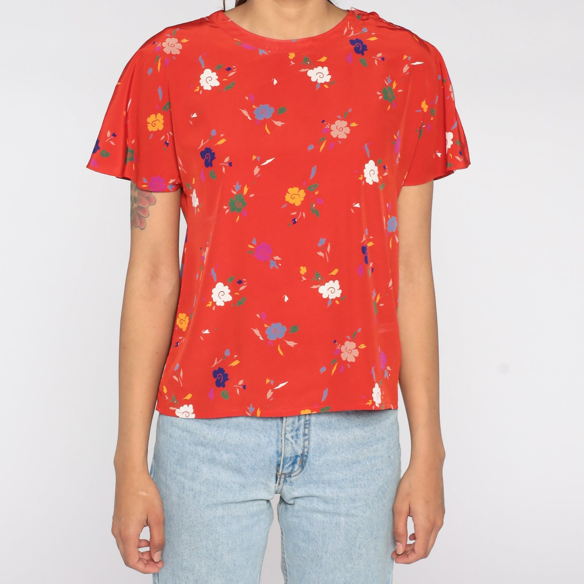 80s Red Floral Flutter Sleeve Blouse Short Sleeve Shirt Small