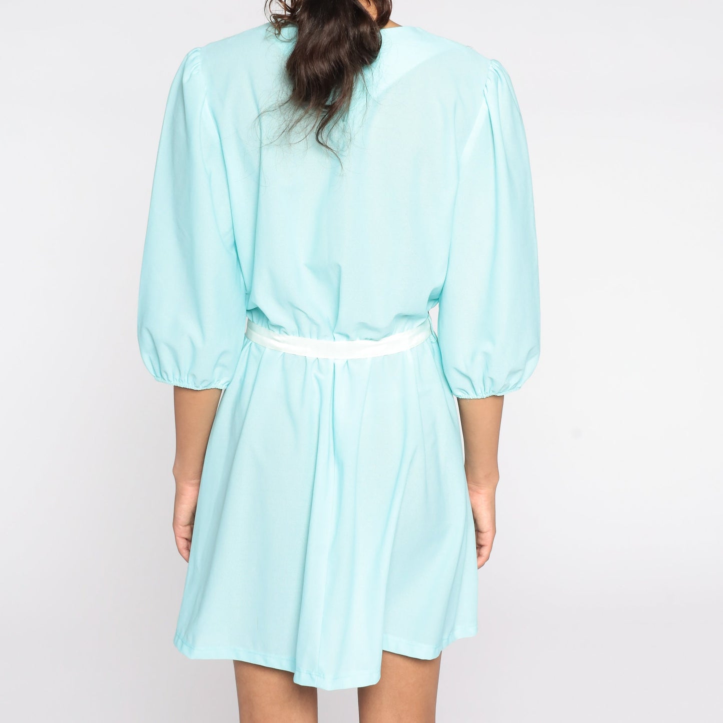 80s Blue Puff Sleeve Mini Dress Pleated High Waist Medium