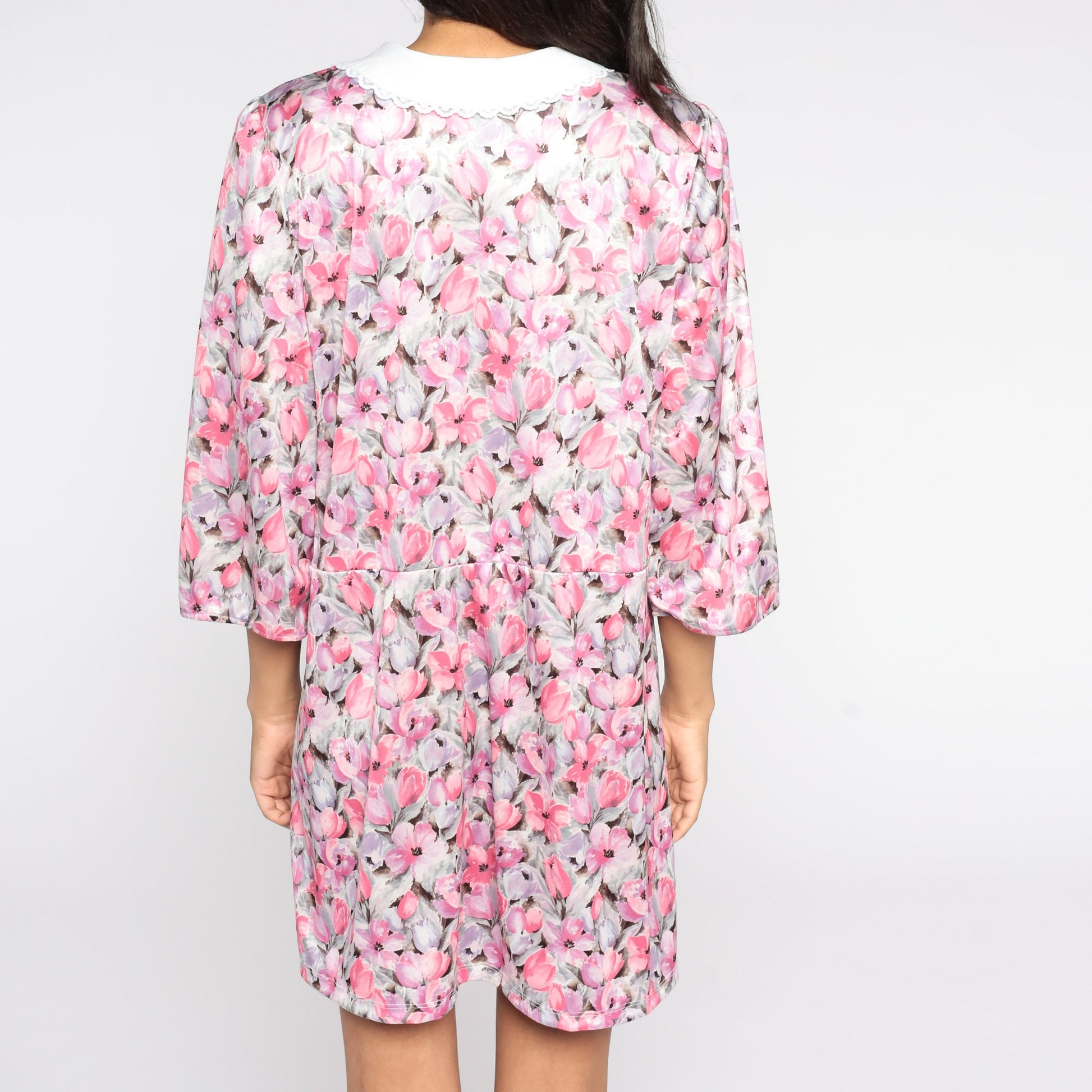 80s Pink Floral Mini Dress Peter Pan Collar Puff Sleeve Button Front Medium Large