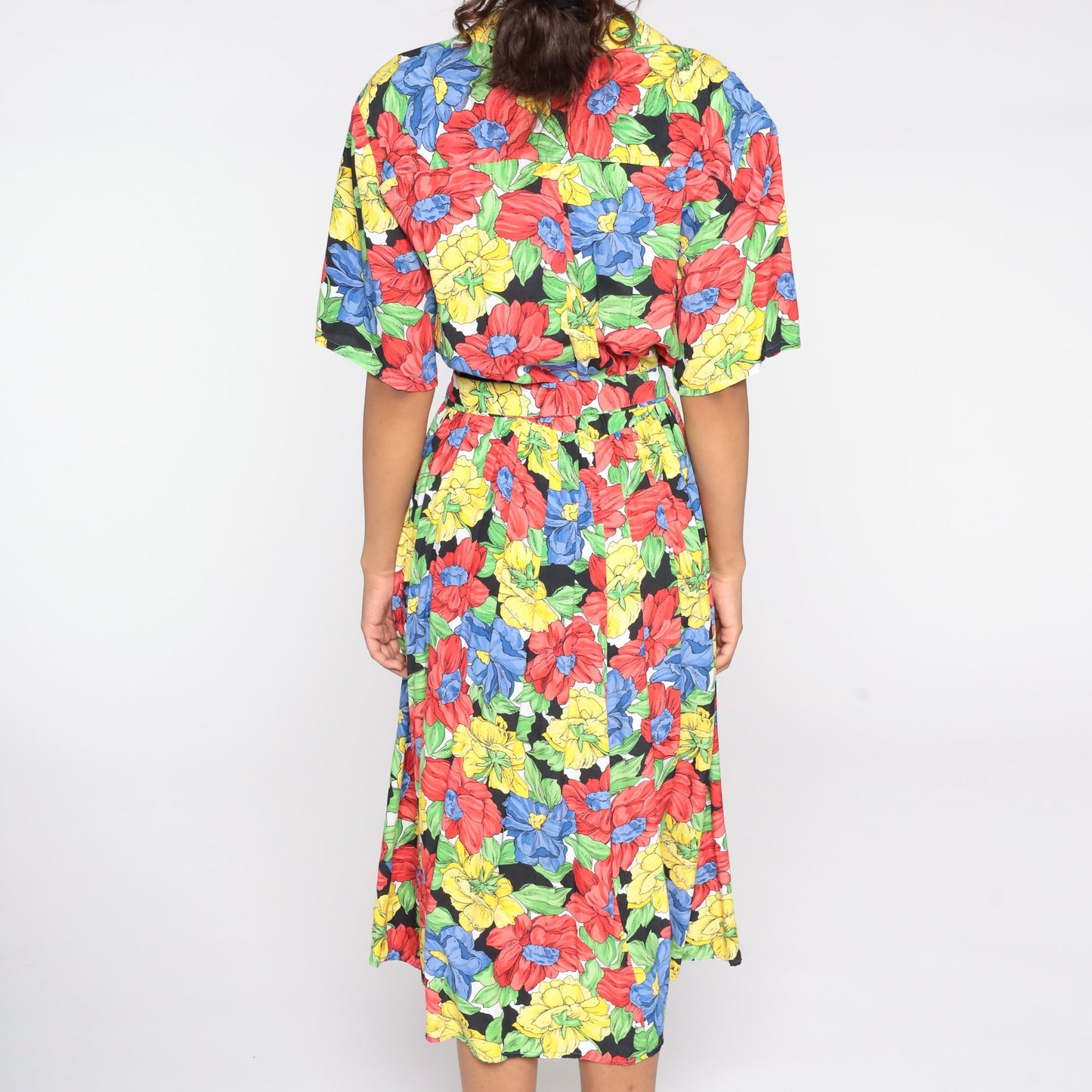 80s Floral Midi Dress High Waist Button Front Short Sleeve Red Yellow Blue Medium Large