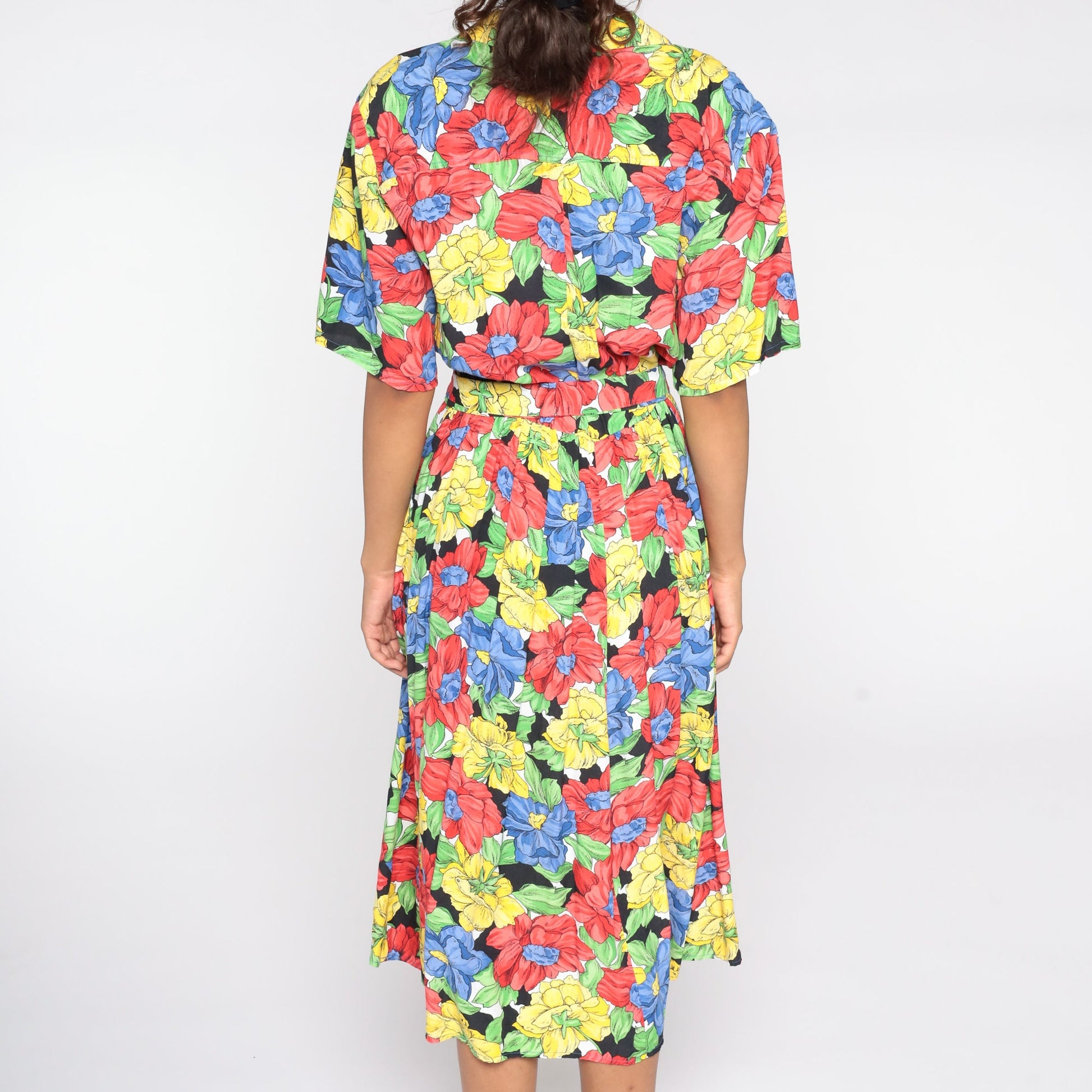 80s Floral Midi Dress High Waist Button Front Short Sleeve Red Yellow Blue Medium Large
