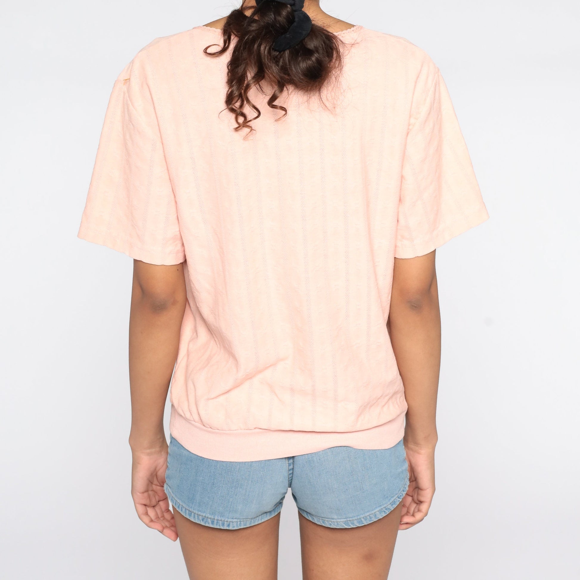 80s Peach Slouchy Shirt Ribbed Banded Hem Short Sleeve Small Medium