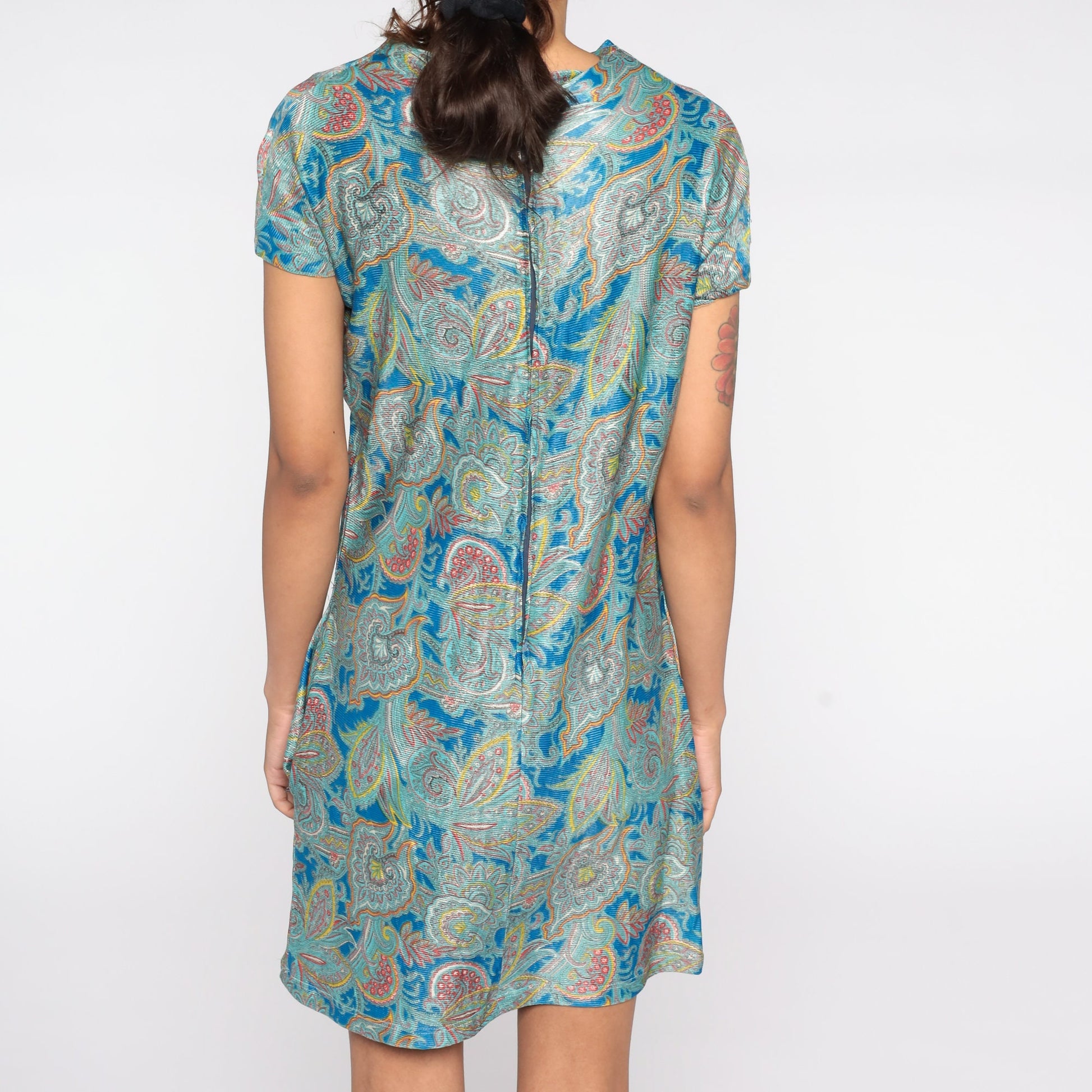 1960s Paisley Psychedelic Mini Shift Dress Blue Cap Sleeve Medium