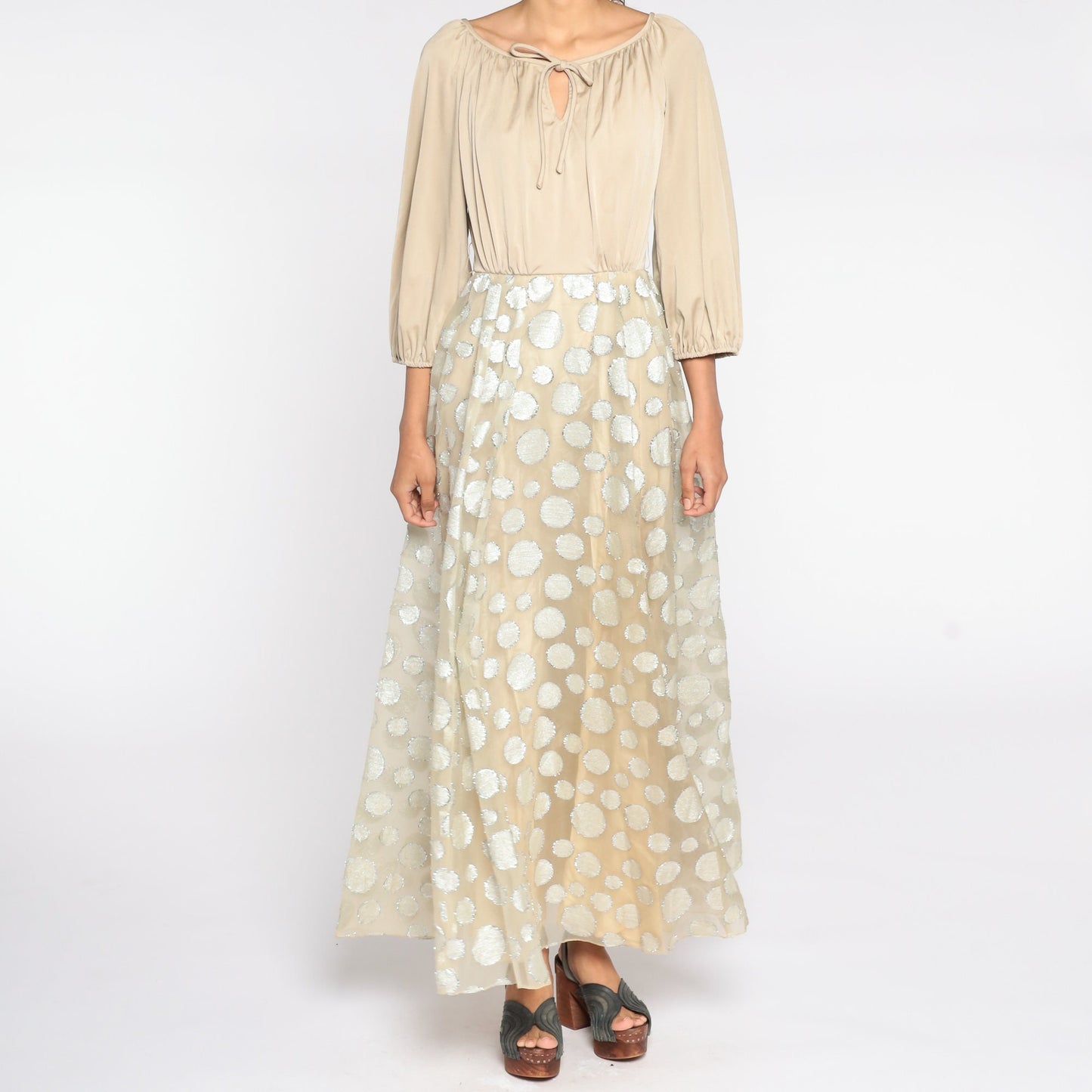 70s Beige Maxi Dress Silver Metallic Circle Skirt Long Sleeve High Waist Small