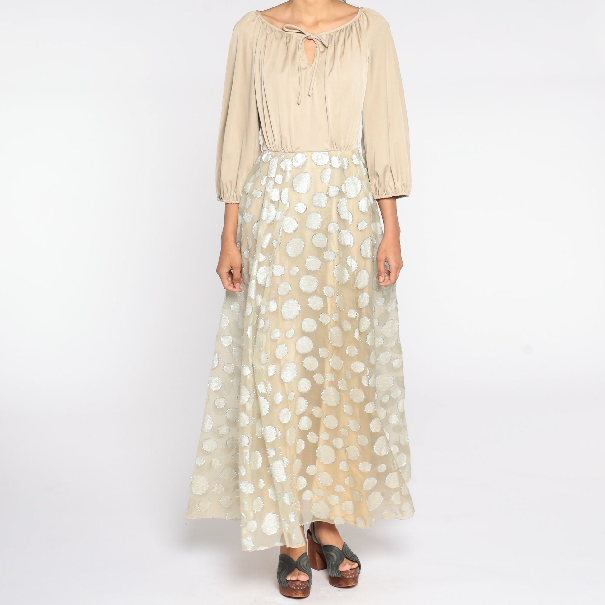 70s Beige Maxi Dress Silver Metallic Circle Skirt Long Sleeve High Waist Small
