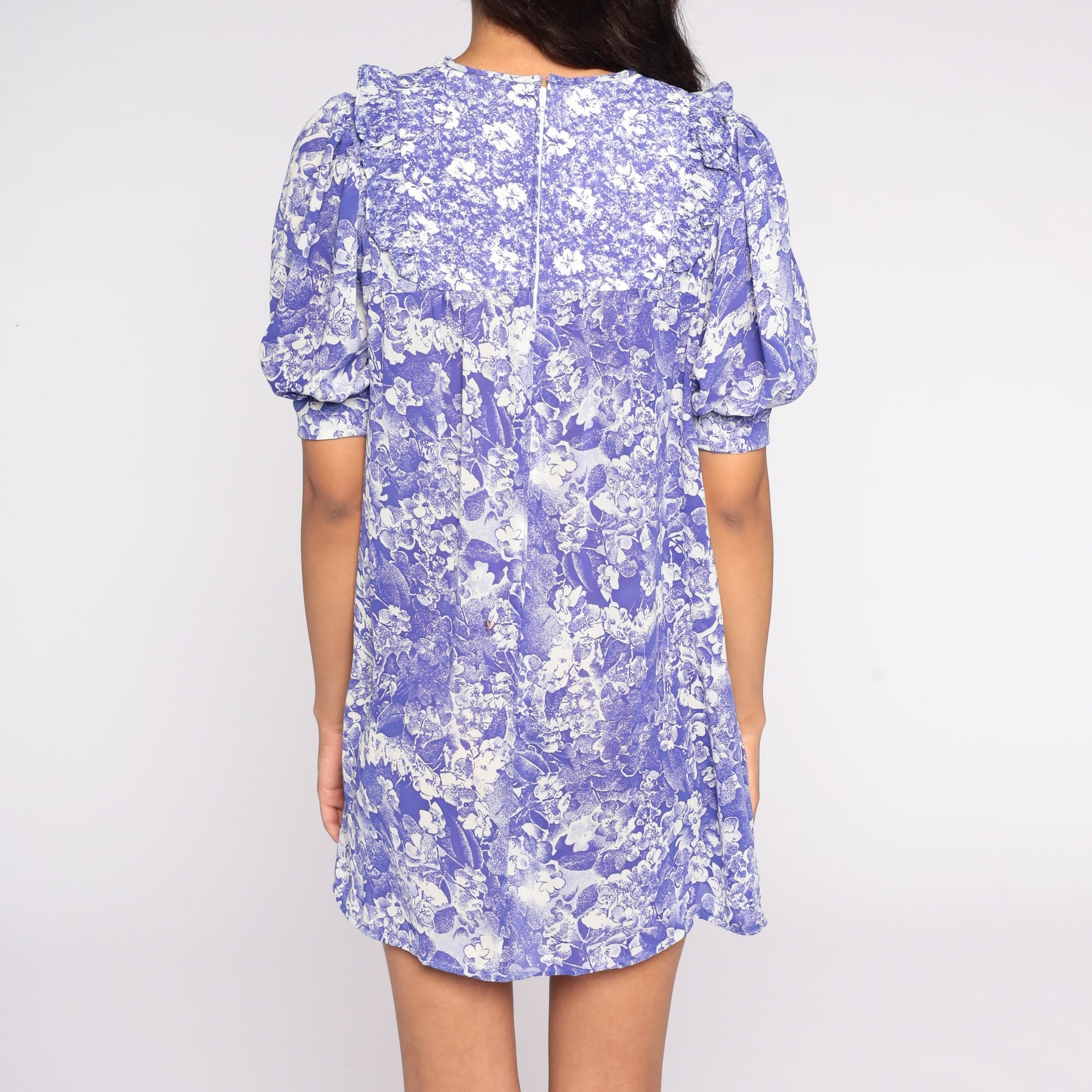 70s Mako Hawaii Floral Mini Dress Puff Sleeve Tent Cut Purple Small