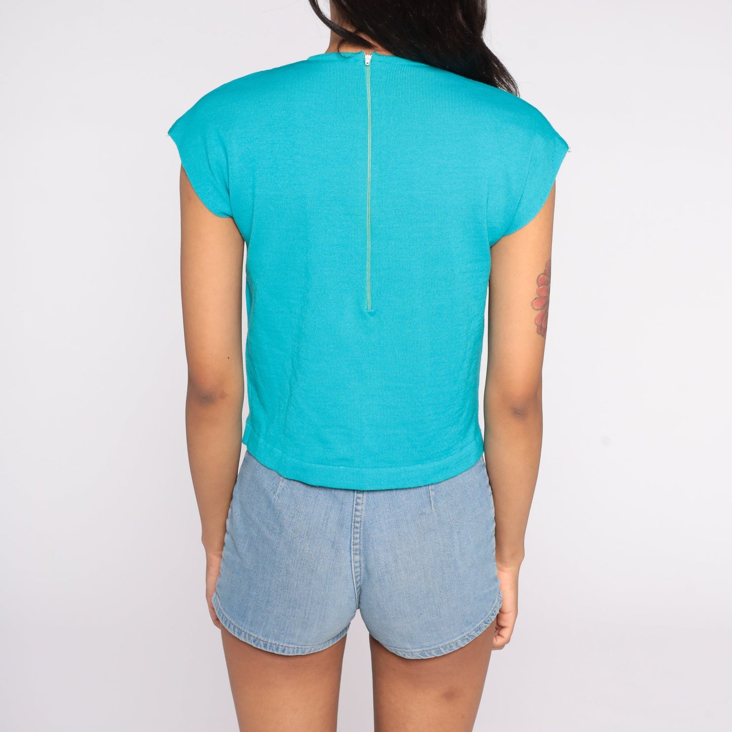 1960s Turquoise Knit Sweater Top Floral Appliqué Cap Sleeve Small