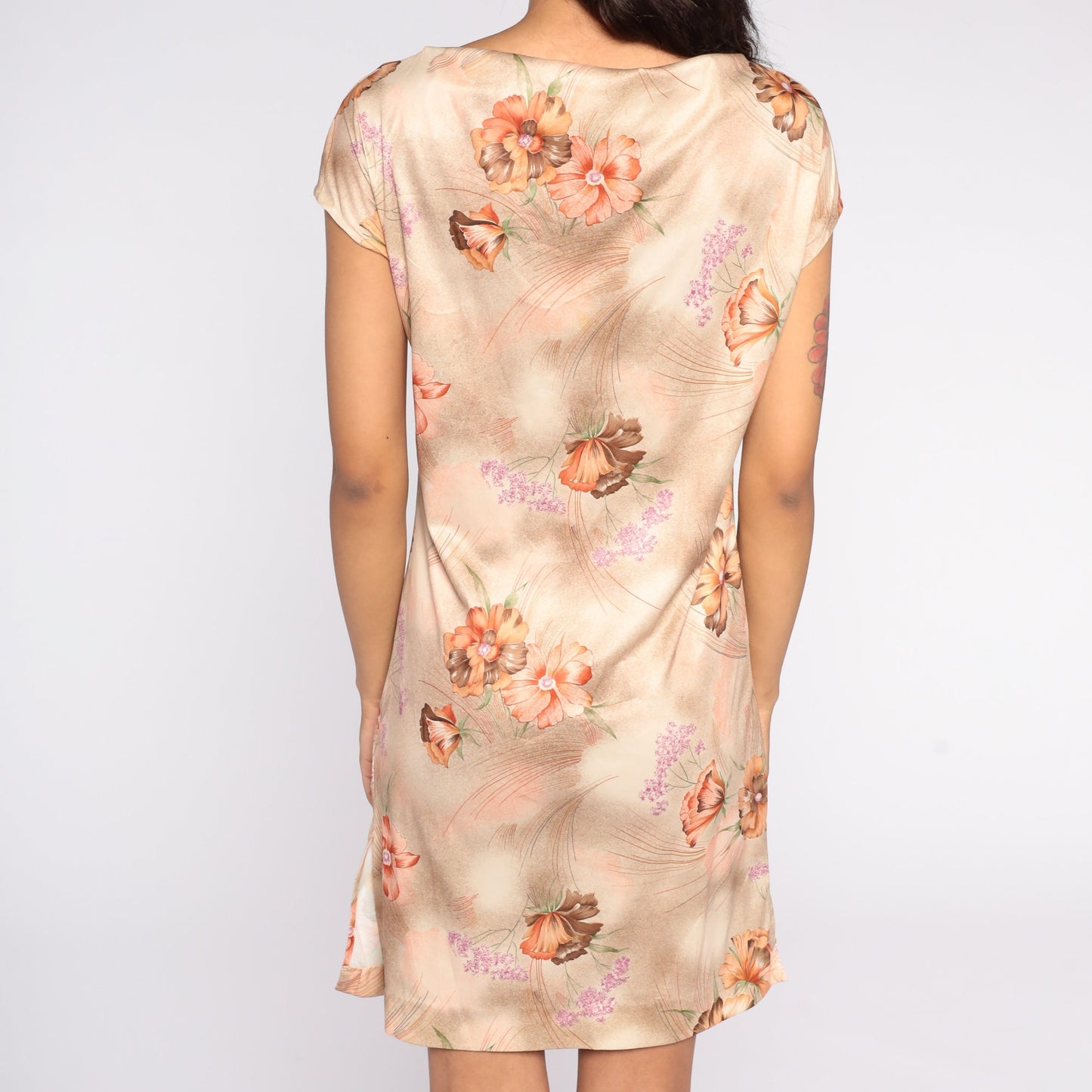 70s Floral Mini Dress Brown Cap Sleeve Sheath Extra Small