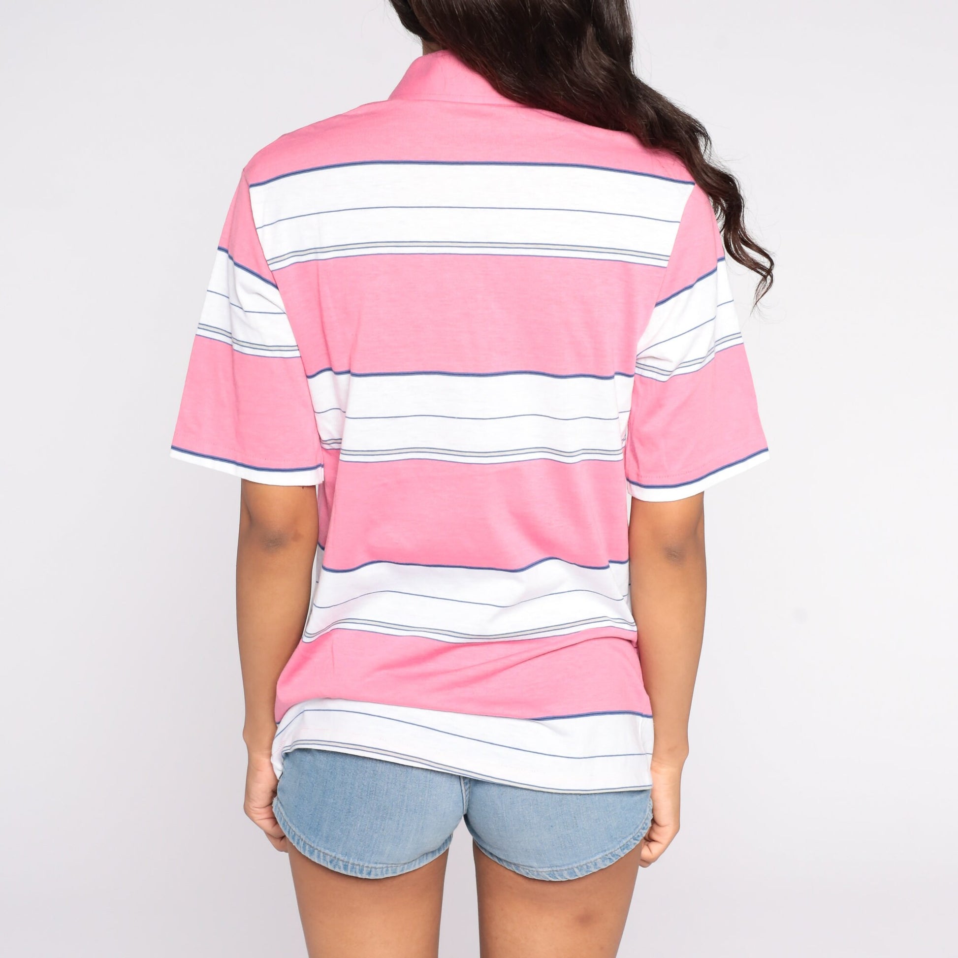 80s Munsingwear Polo Shirt Pink Striped Half-Button Cotton Medium
