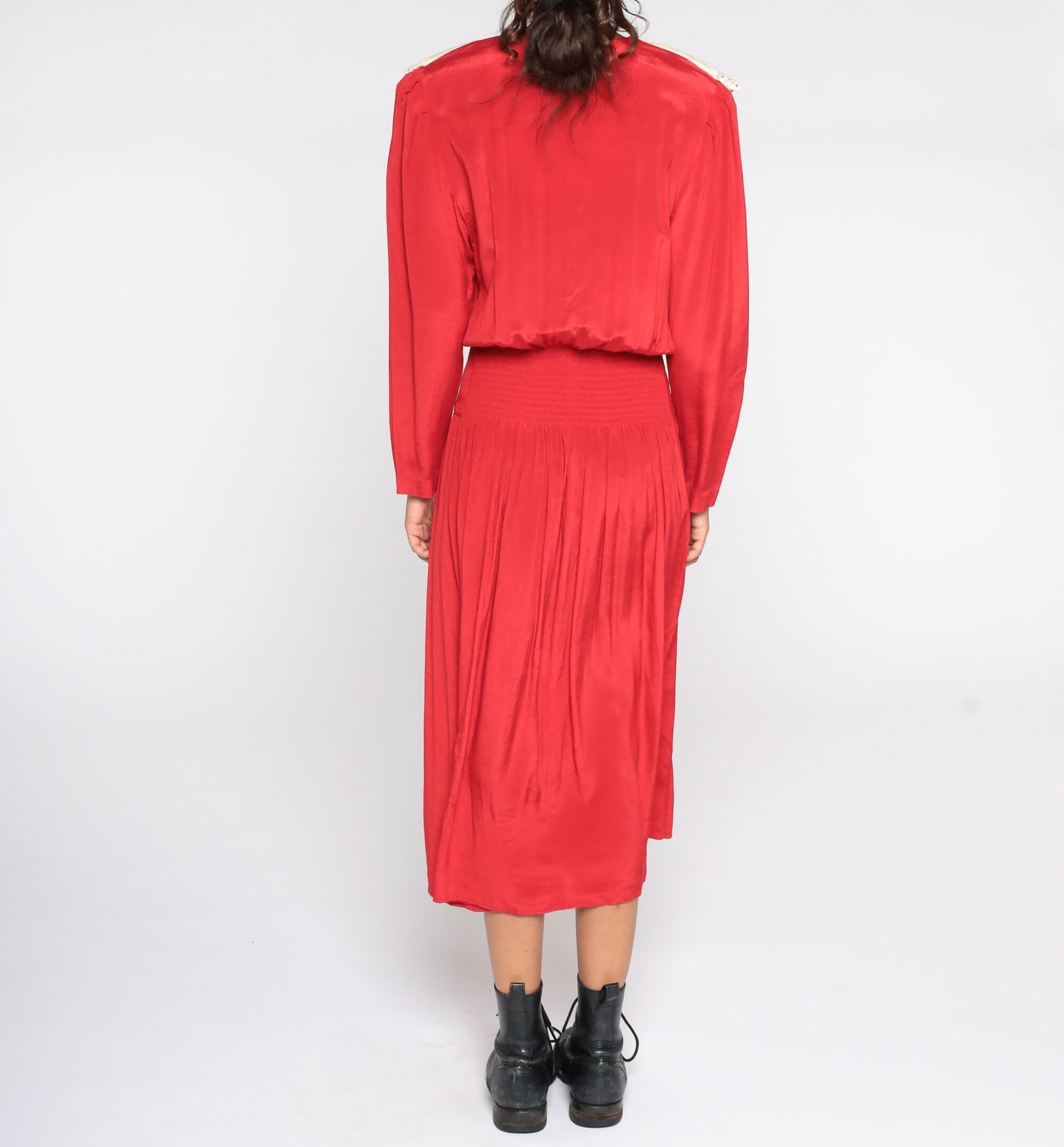 80s Red Midi Dress Lace Collar Button-Up Long Sleeve Small