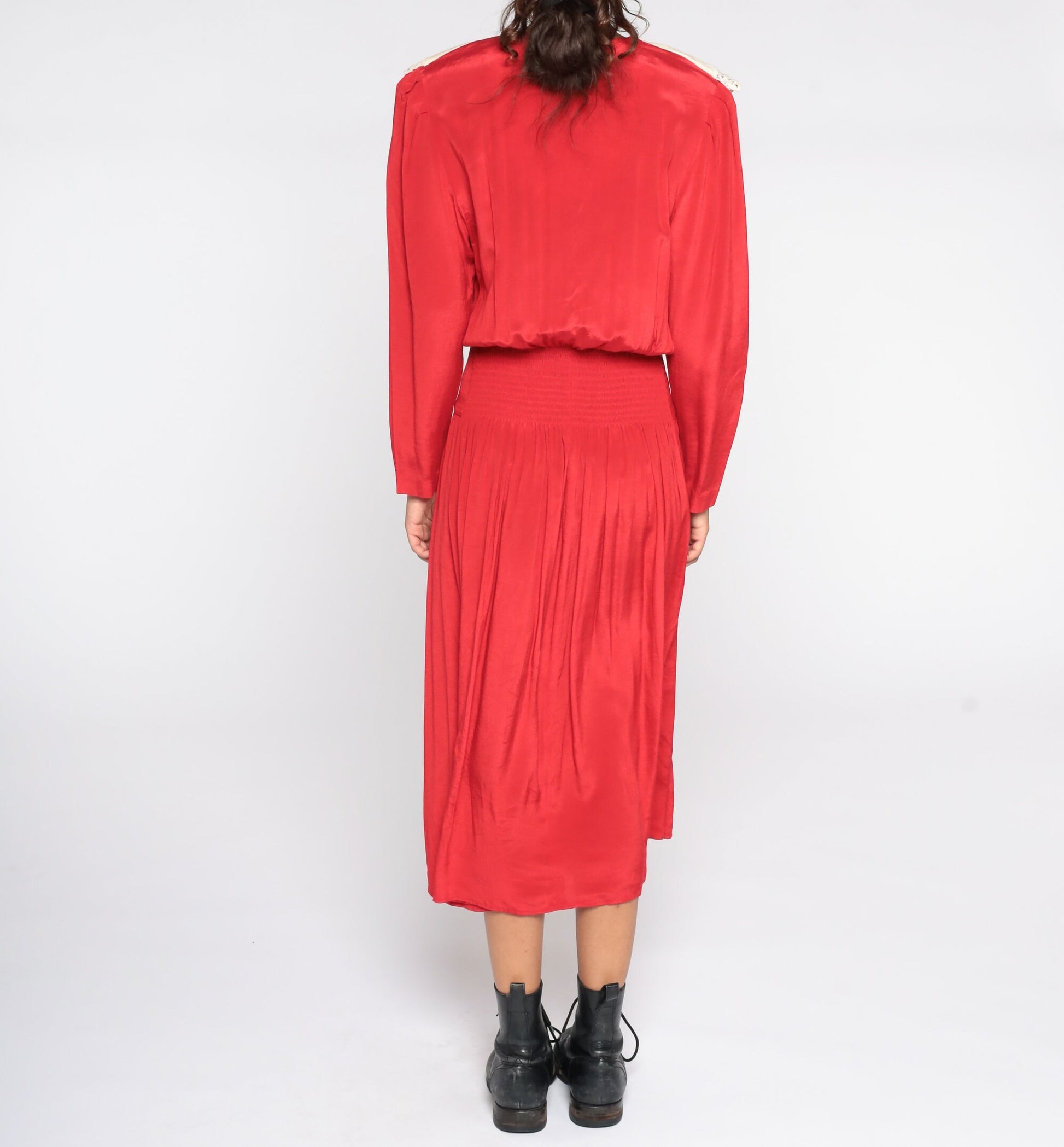 80s Red Midi Dress Lace Collar Button-Up Long Sleeve Small