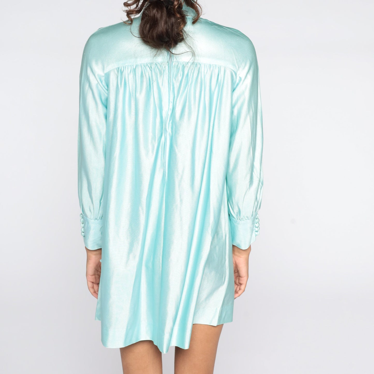 70s Blue Mock Neck Mini Dress Button-Up Tent Trapeze Cut Medium