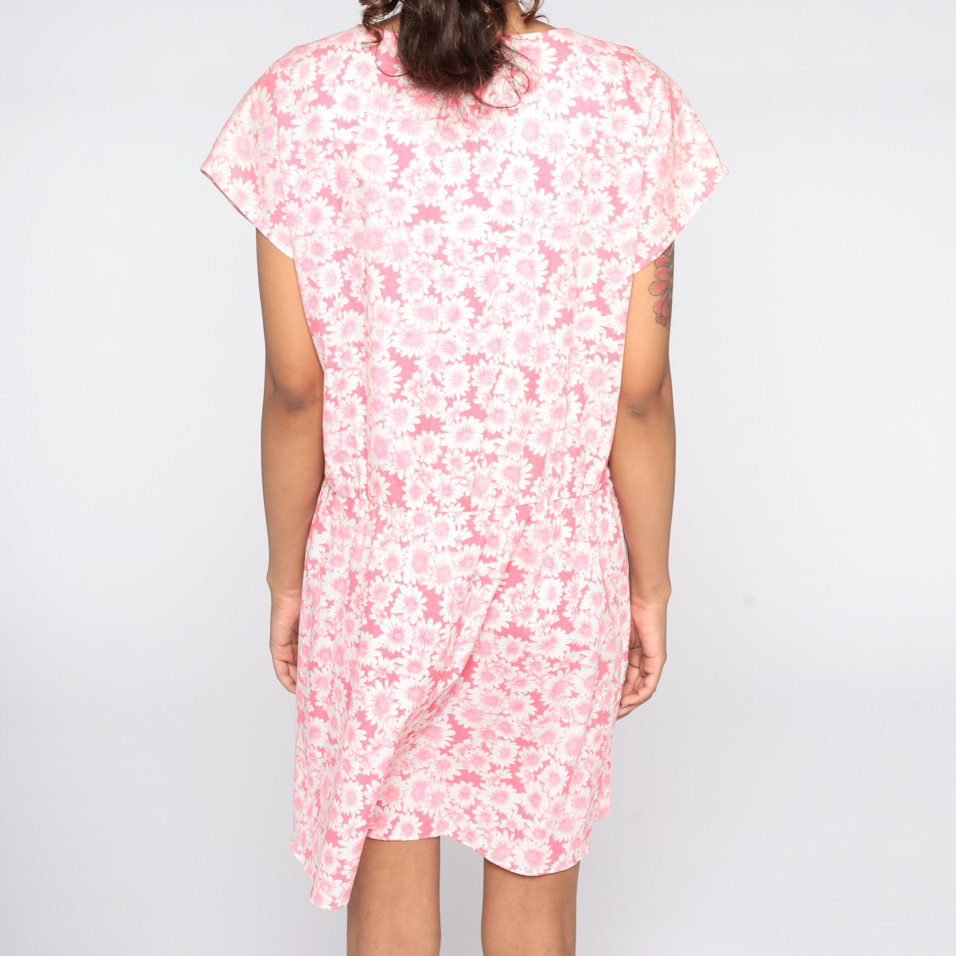 80s Pink Floral Mini Dress High Waist Square Neckline Cap Sleeve Extra Large