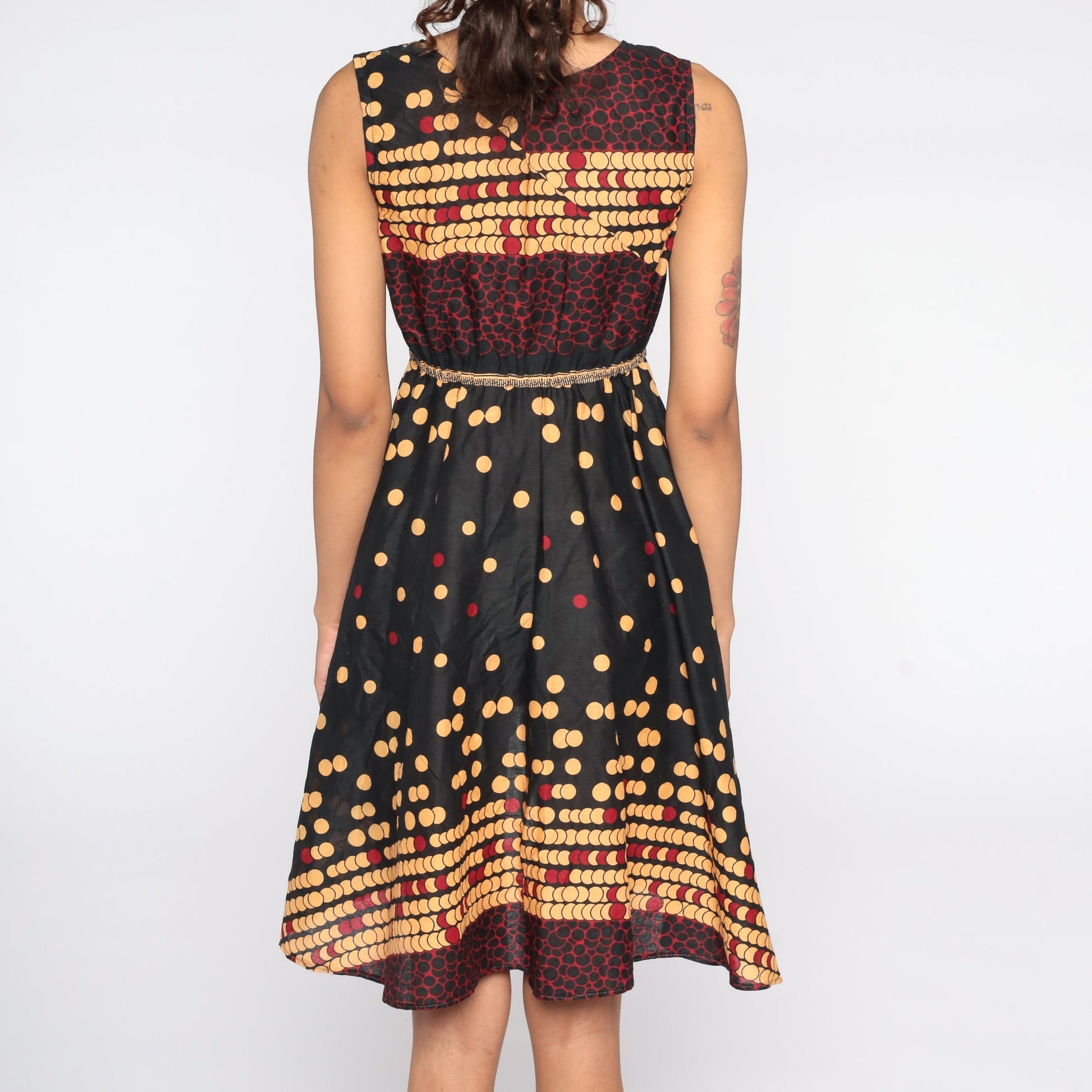 00s Geometric Print Mini Dress Empire Waist Sleeveless Black Tan Red Extra Small