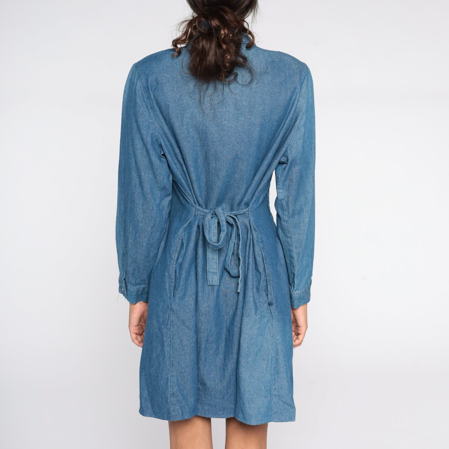 90s Blue Denim Mini Dress High Waisted Button Up Long Sleeve Extra Large XXL